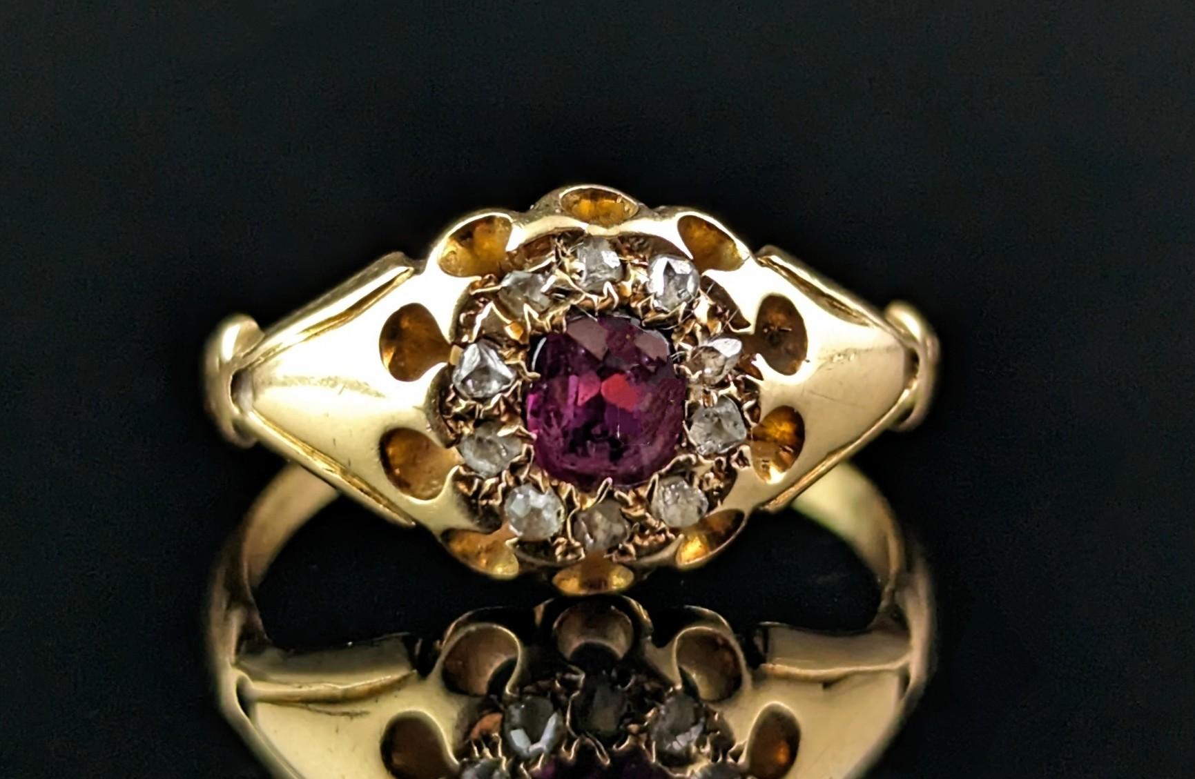 Edwardian Antique Ruby and Diamond cluster ring, 18k yellow gold  For Sale
