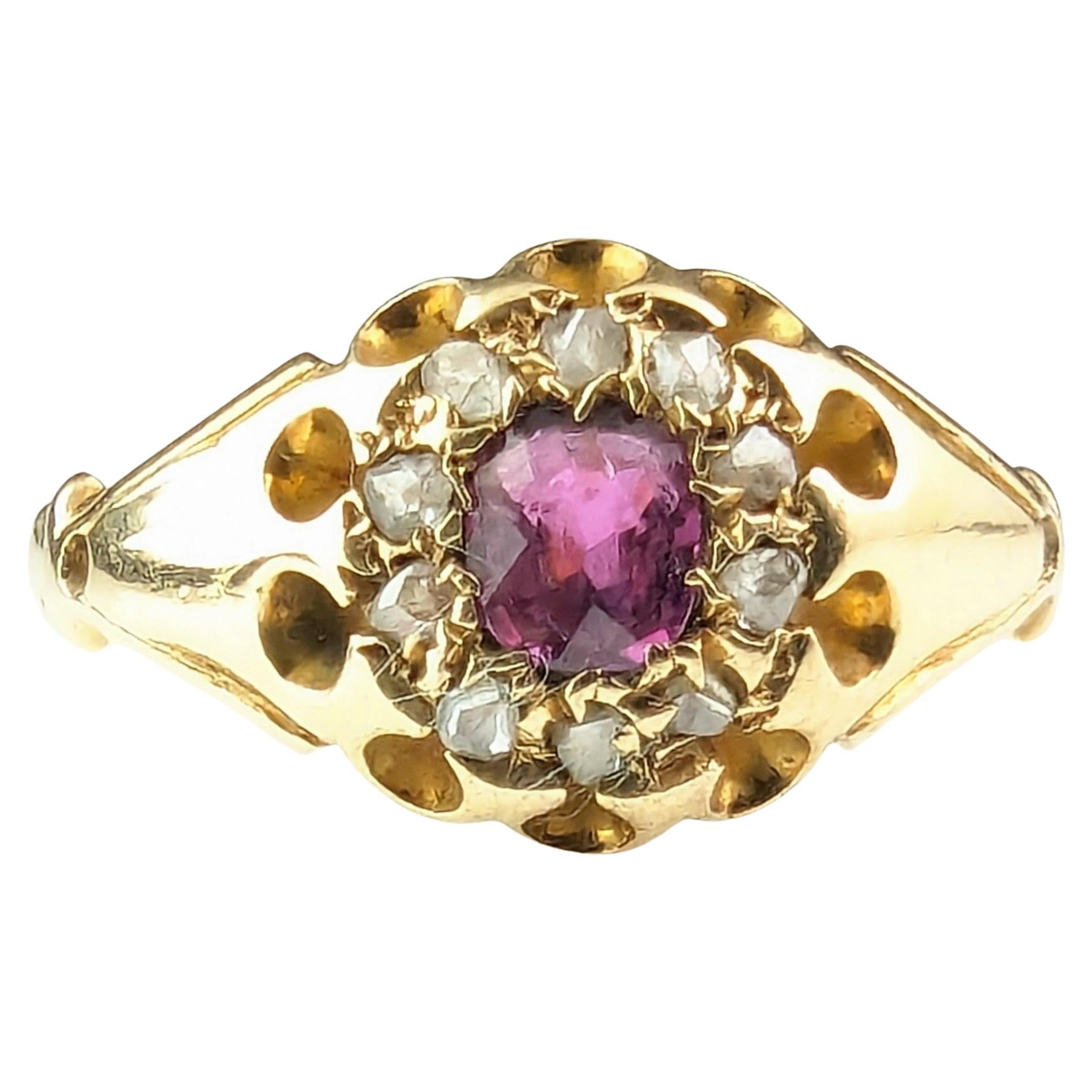 Antique Ruby and Diamond cluster ring, 18k yellow gold  For Sale