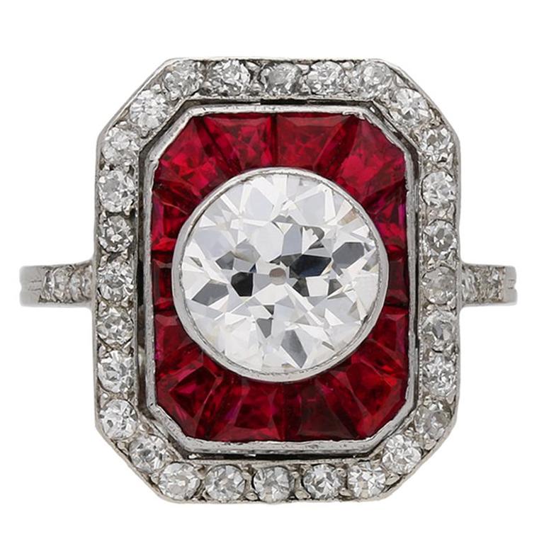 Antique ruby and diamond cluster ring, circa 1911. 
