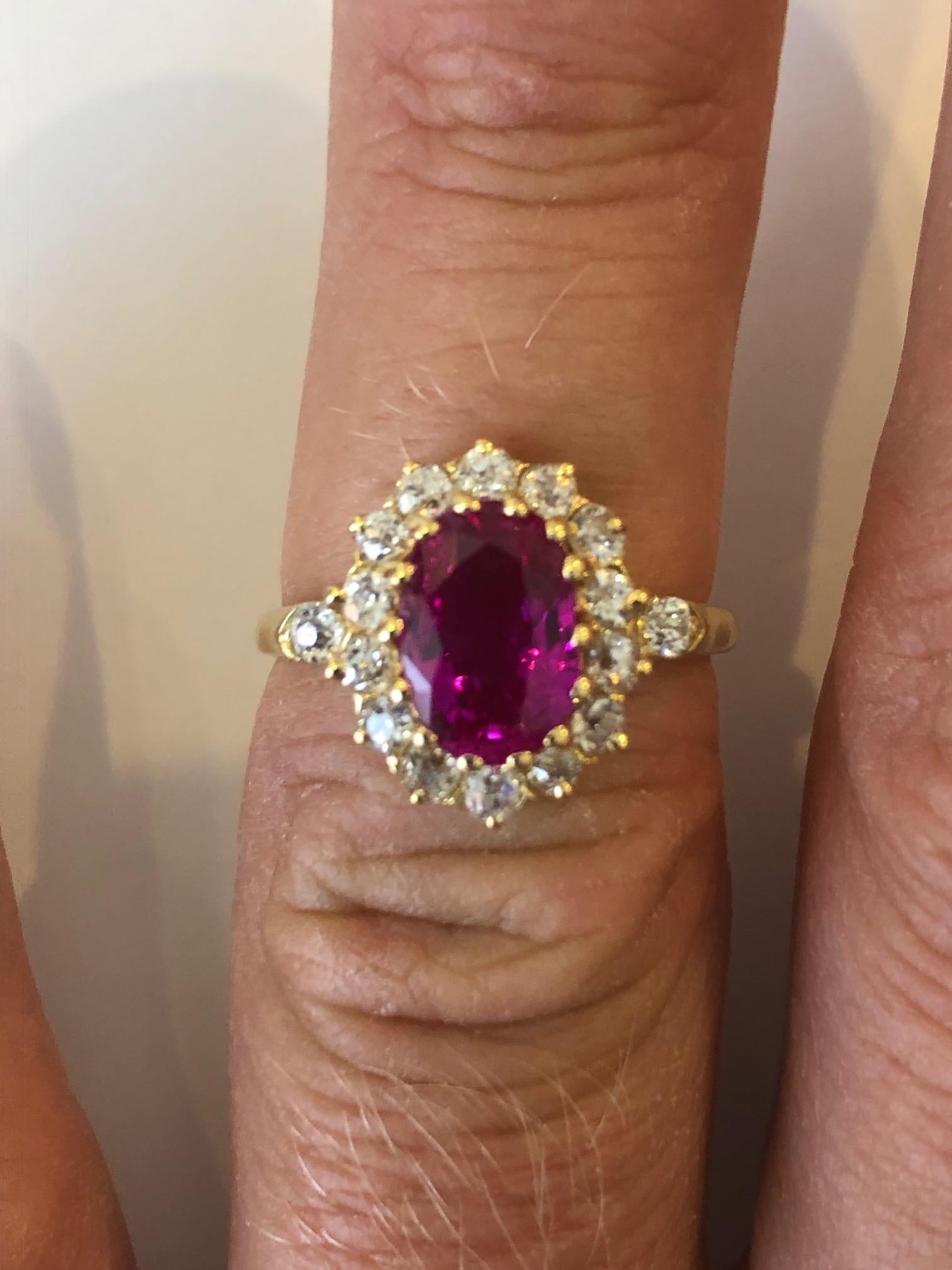 Antique Ruby and Diamond Cluster With a 2 carat Certificated Burma ruby
This antique cluster diamond cluster ring centres a 2 carat unheated Burmese ruby which has been certificated by GCS Laboratory. The ruby, which is of excellent colour and