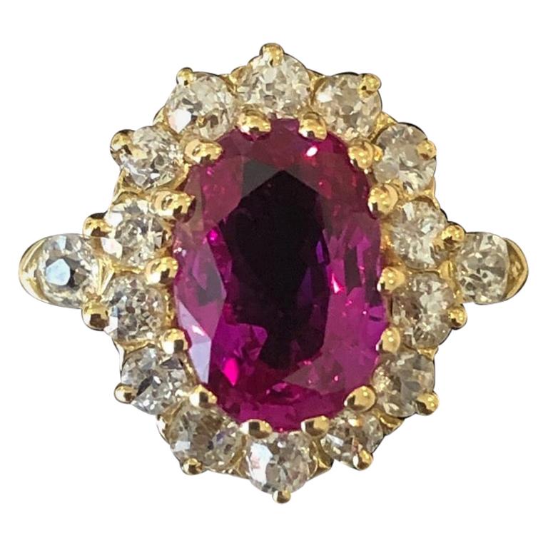 Antique Ruby and Diamond Cluster with a 2 Carat Certificated Burma Ruby For Sale