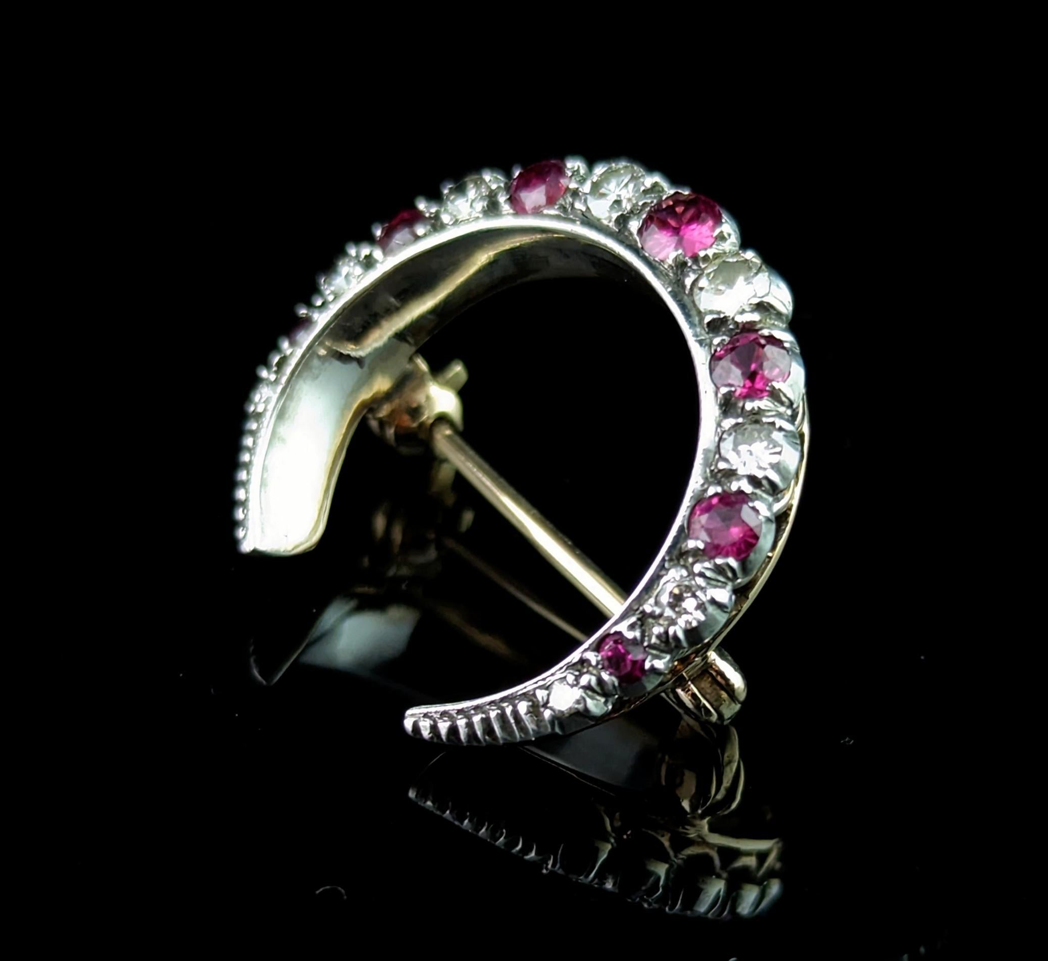 Antique Ruby and Diamond crescent brooch, silver and 9k gold  3