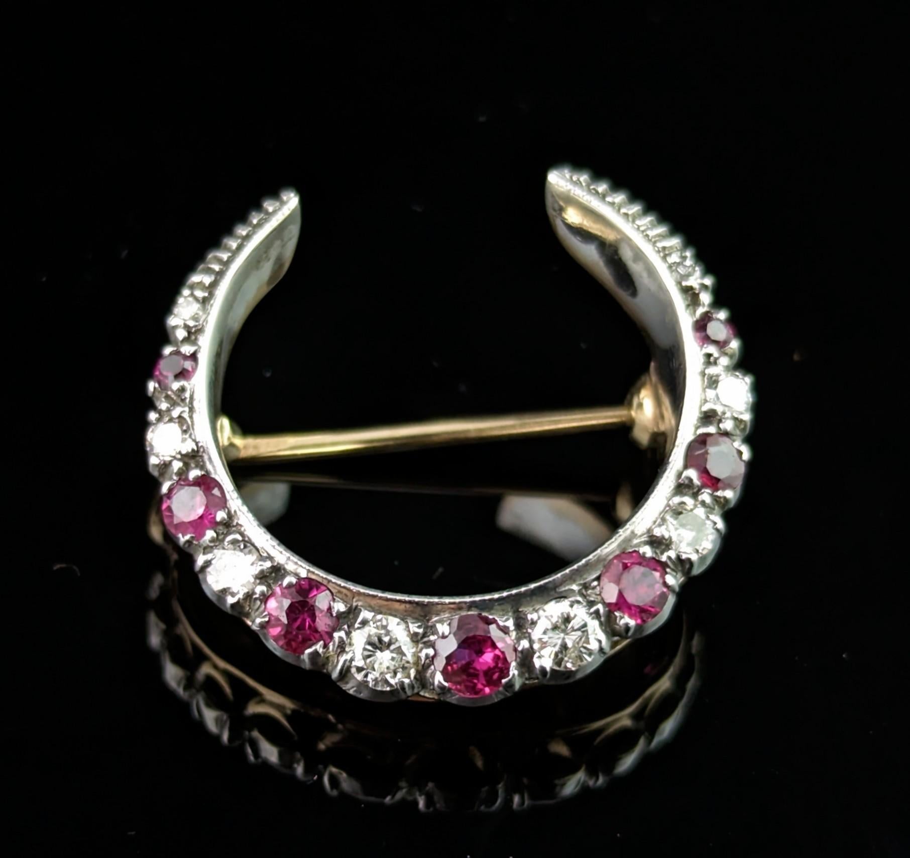 Antique Ruby and Diamond crescent brooch, silver and 9k gold  For Sale 4
