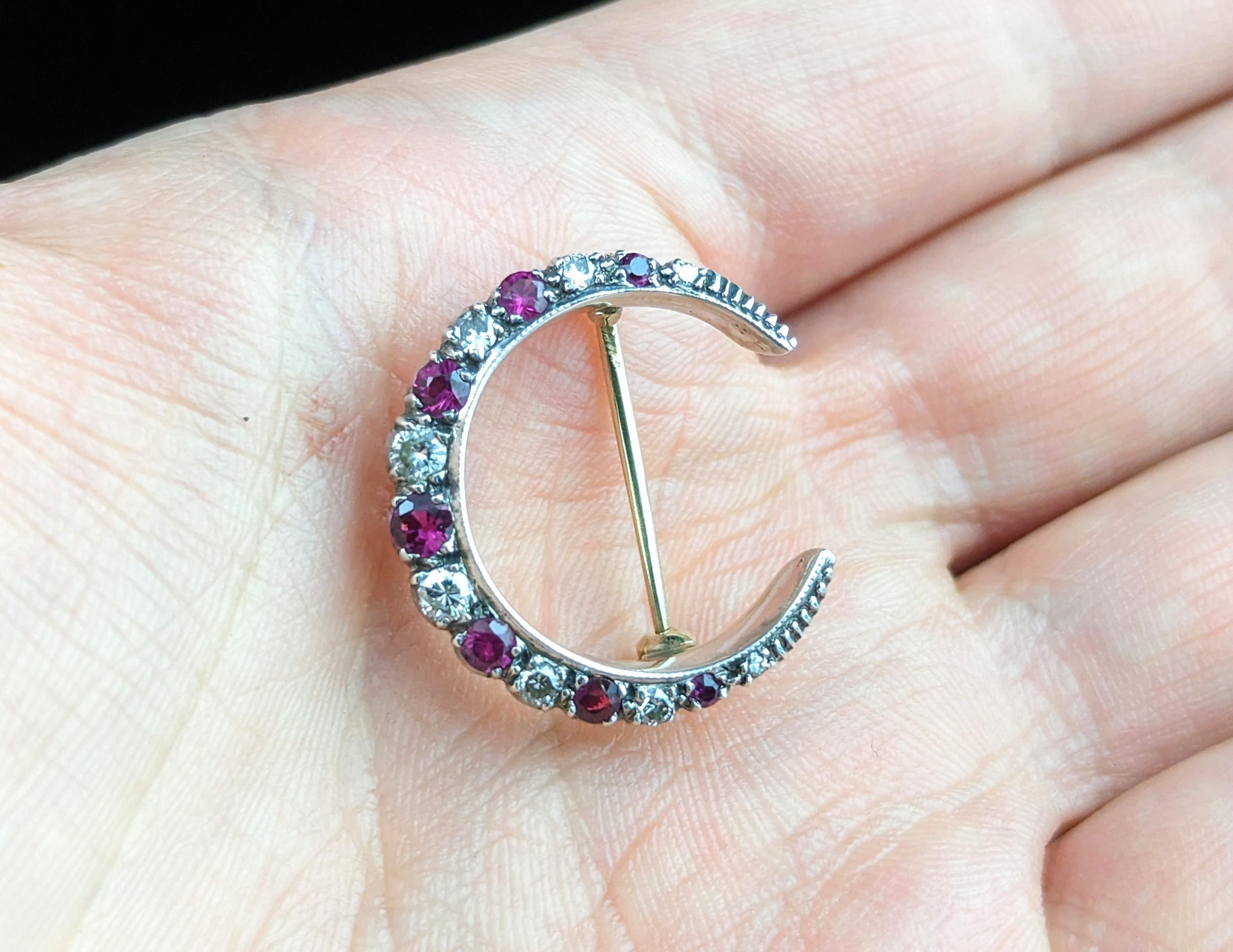 Antique Ruby and Diamond crescent brooch, silver and 9k gold  5