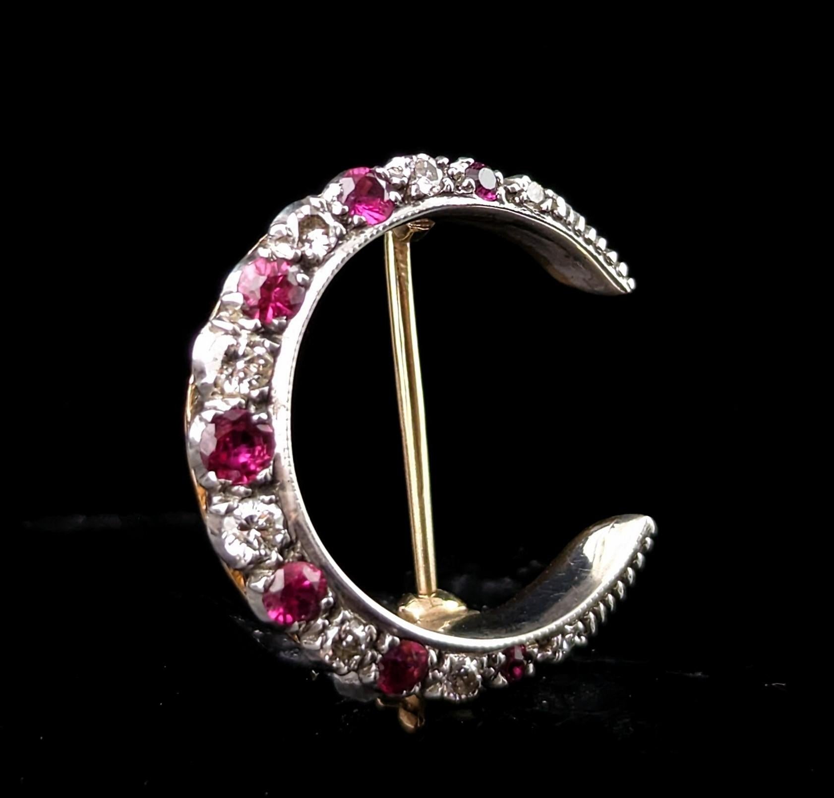 Antique Ruby and Diamond crescent brooch, silver and 9k gold  6