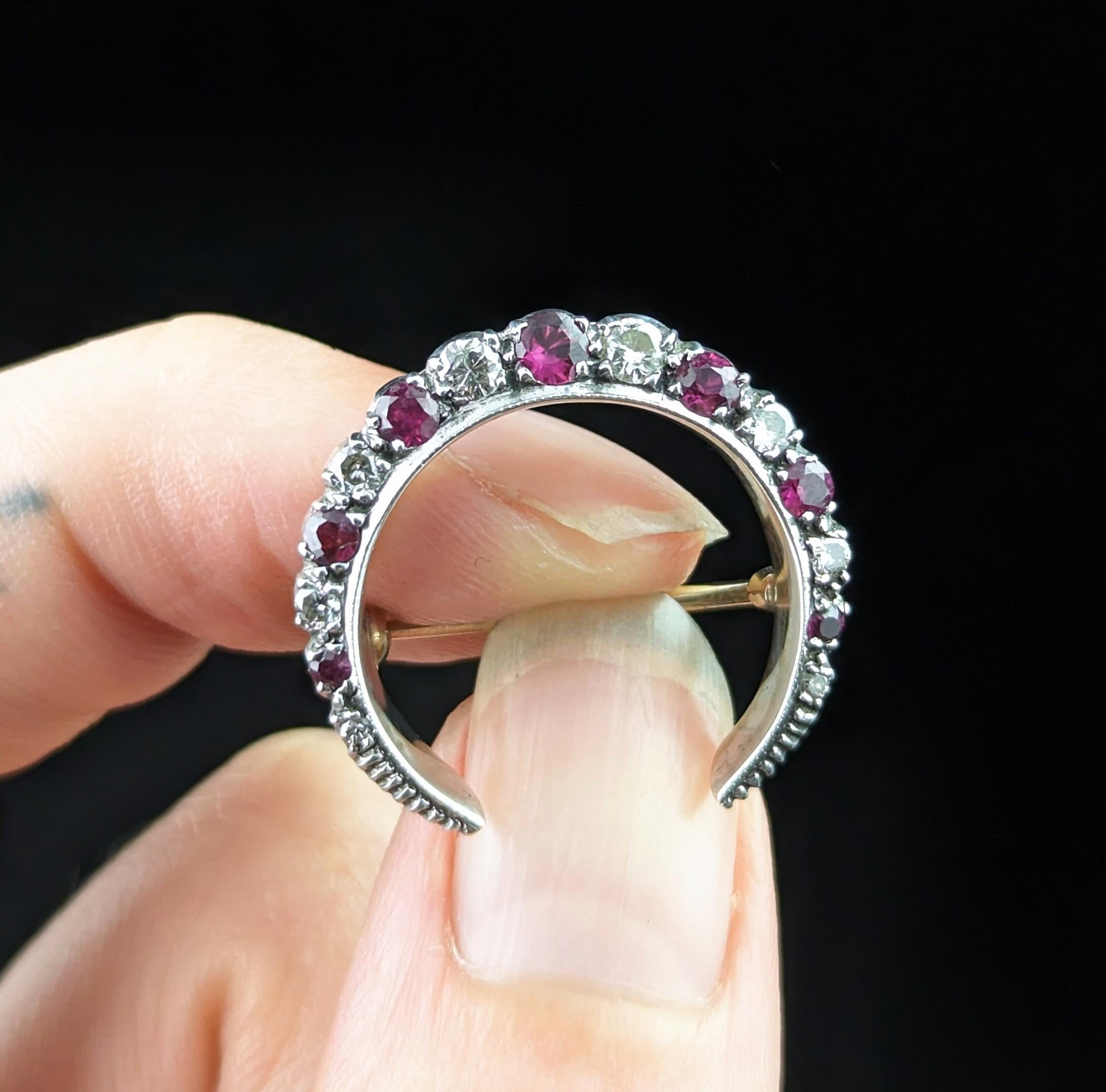Antique Ruby and Diamond crescent brooch, silver and 9k gold  8
