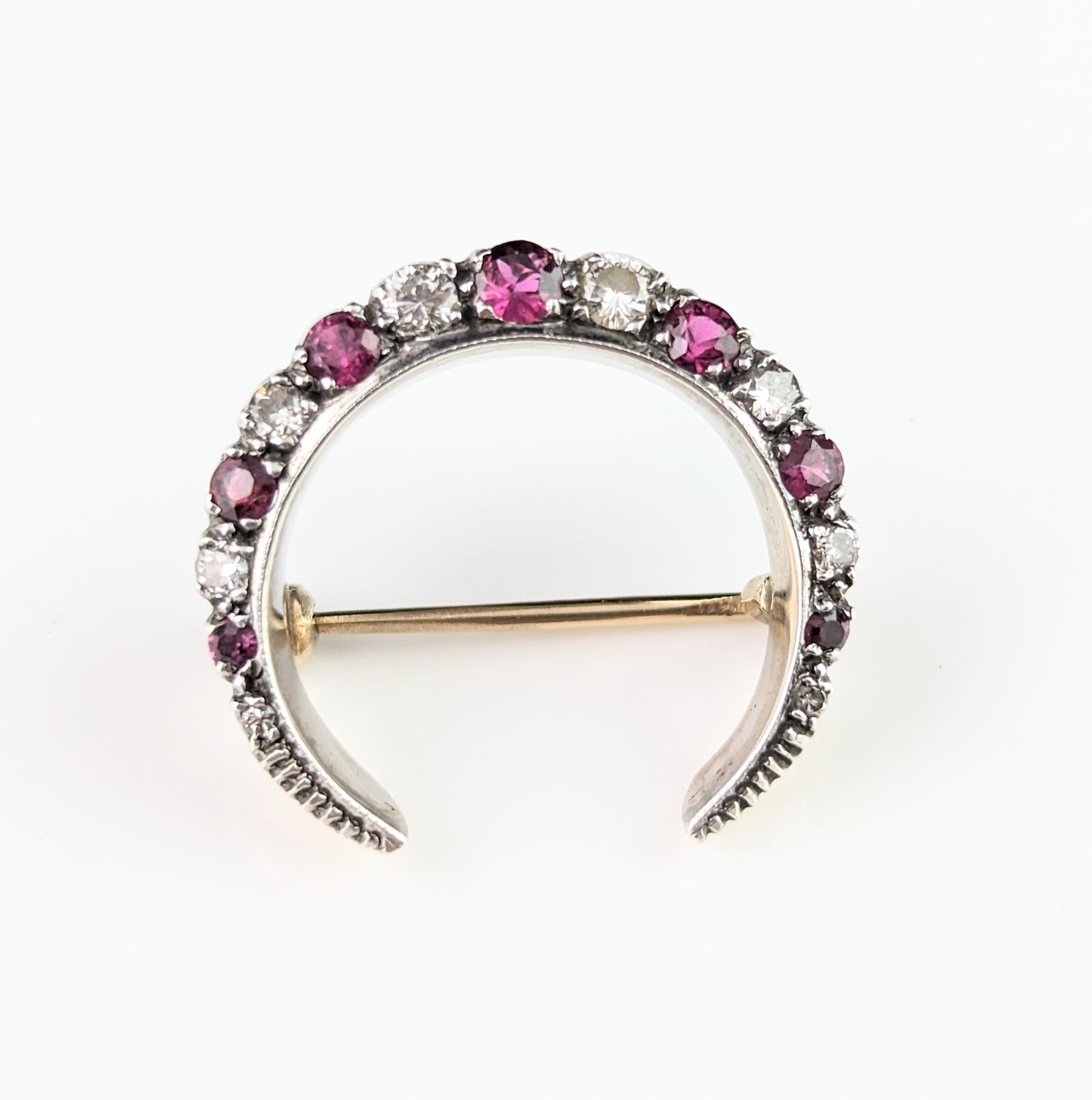 Antique Ruby and Diamond crescent brooch, silver and 9k gold  9