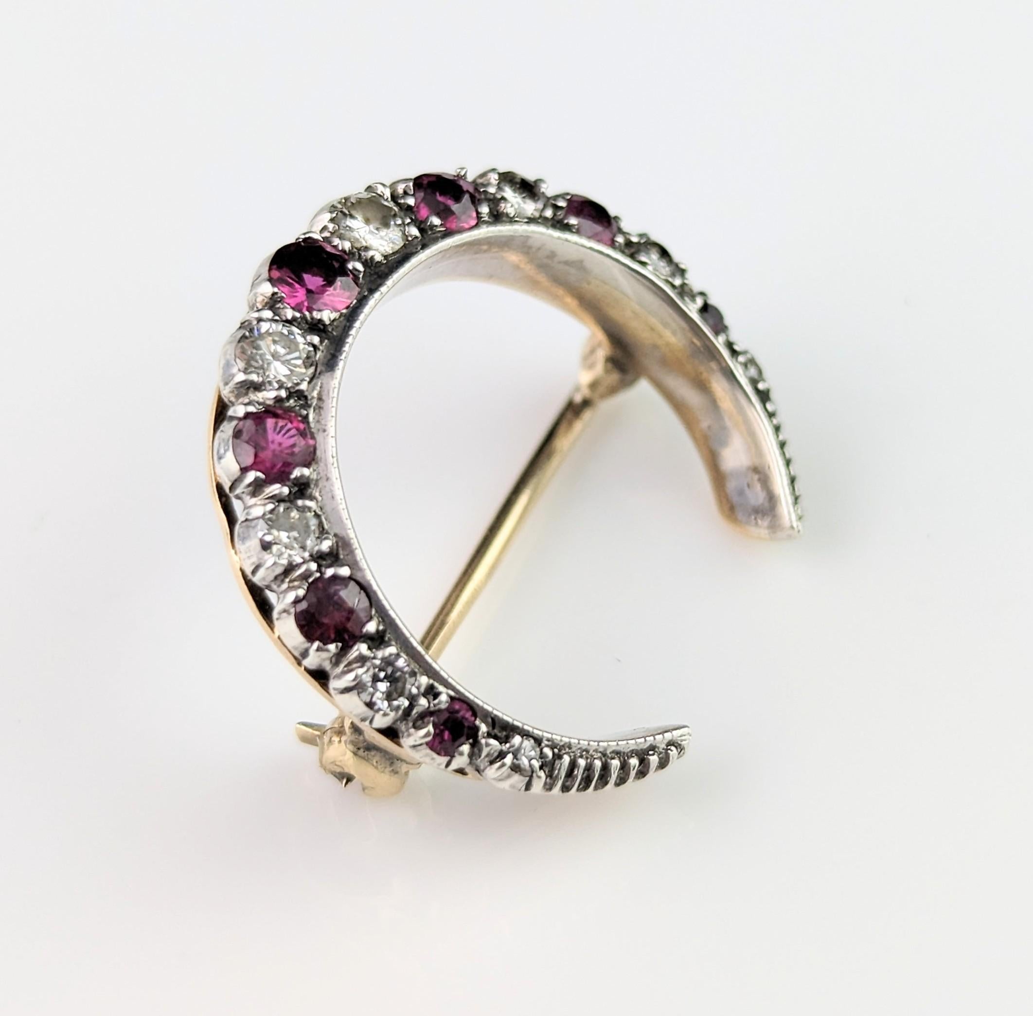 Antique Ruby and Diamond crescent brooch, silver and 9k gold  For Sale 11