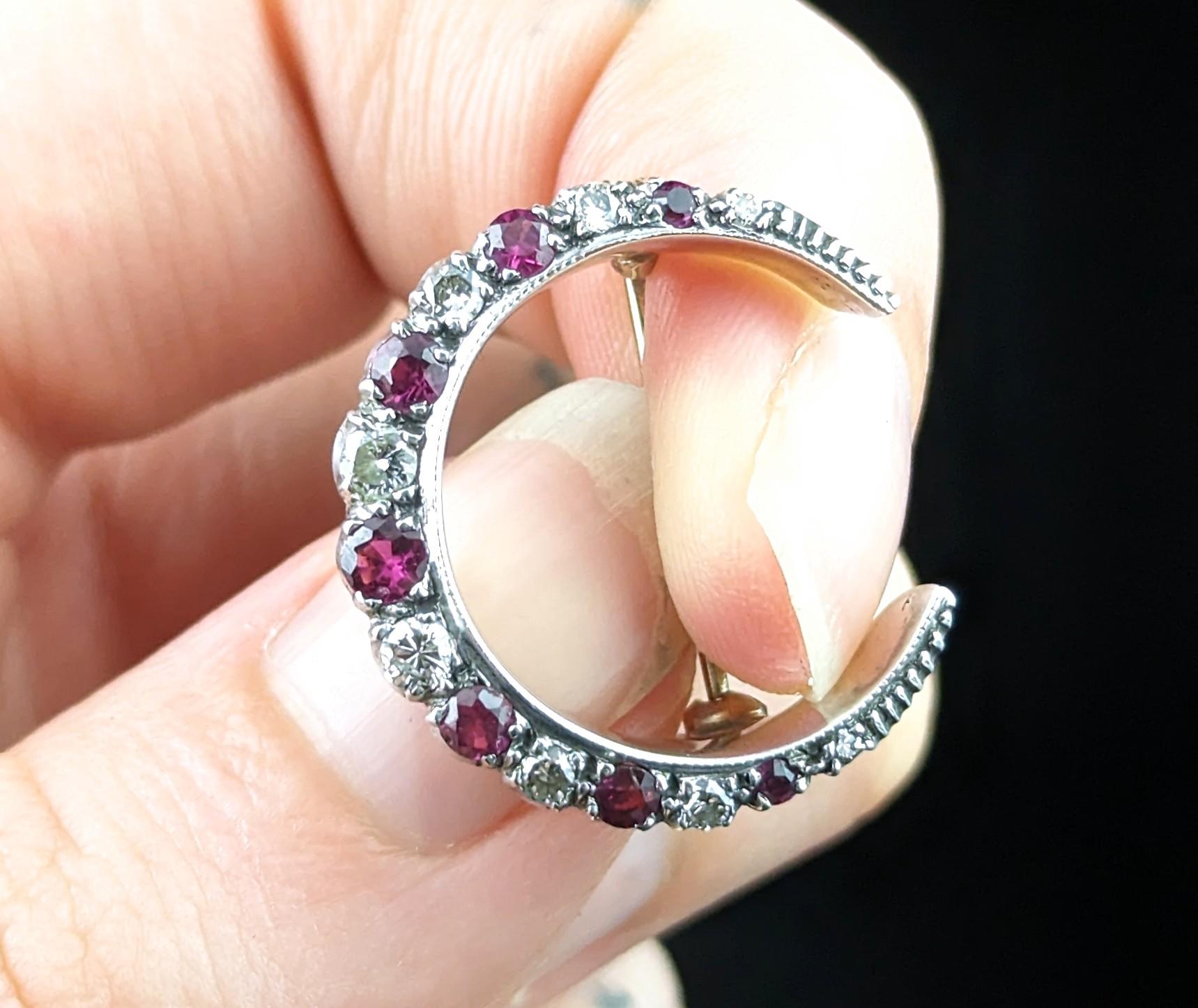 Round Cut Antique Ruby and Diamond crescent brooch, silver and 9k gold 