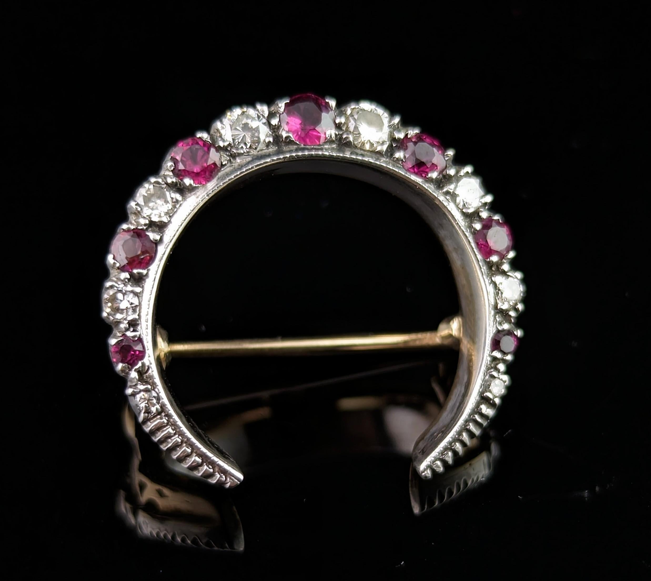 Women's Antique Ruby and Diamond crescent brooch, silver and 9k gold  For Sale