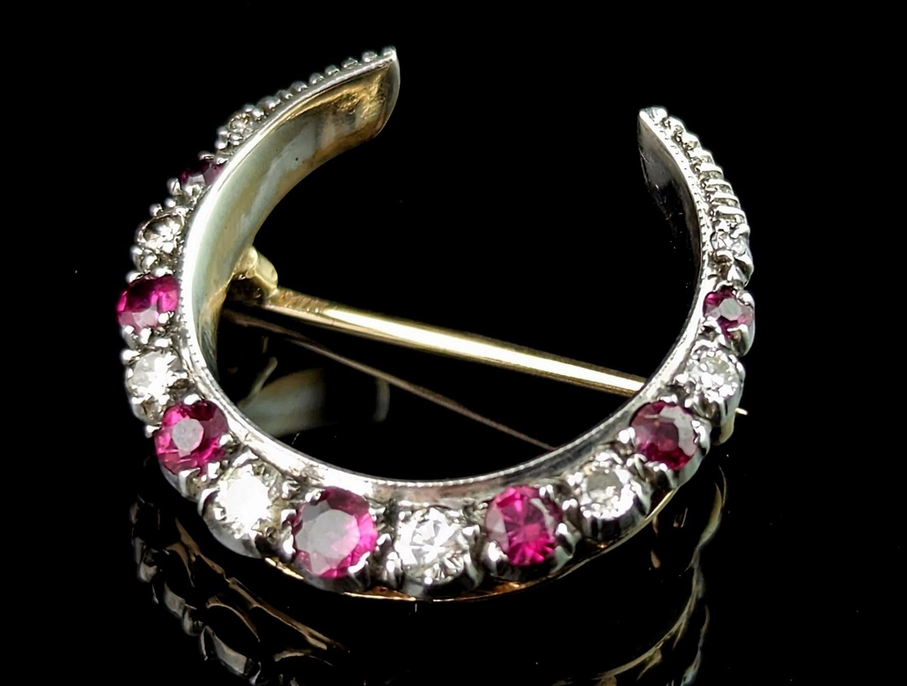 Antique Ruby and Diamond crescent brooch, silver and 9k gold  1