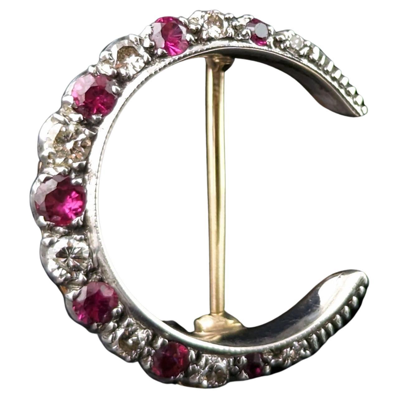 Antique Ruby and Diamond crescent brooch, silver and 9k gold  For Sale