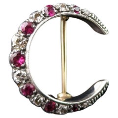 Antique Ruby and Diamond crescent brooch, silver and 9k gold 