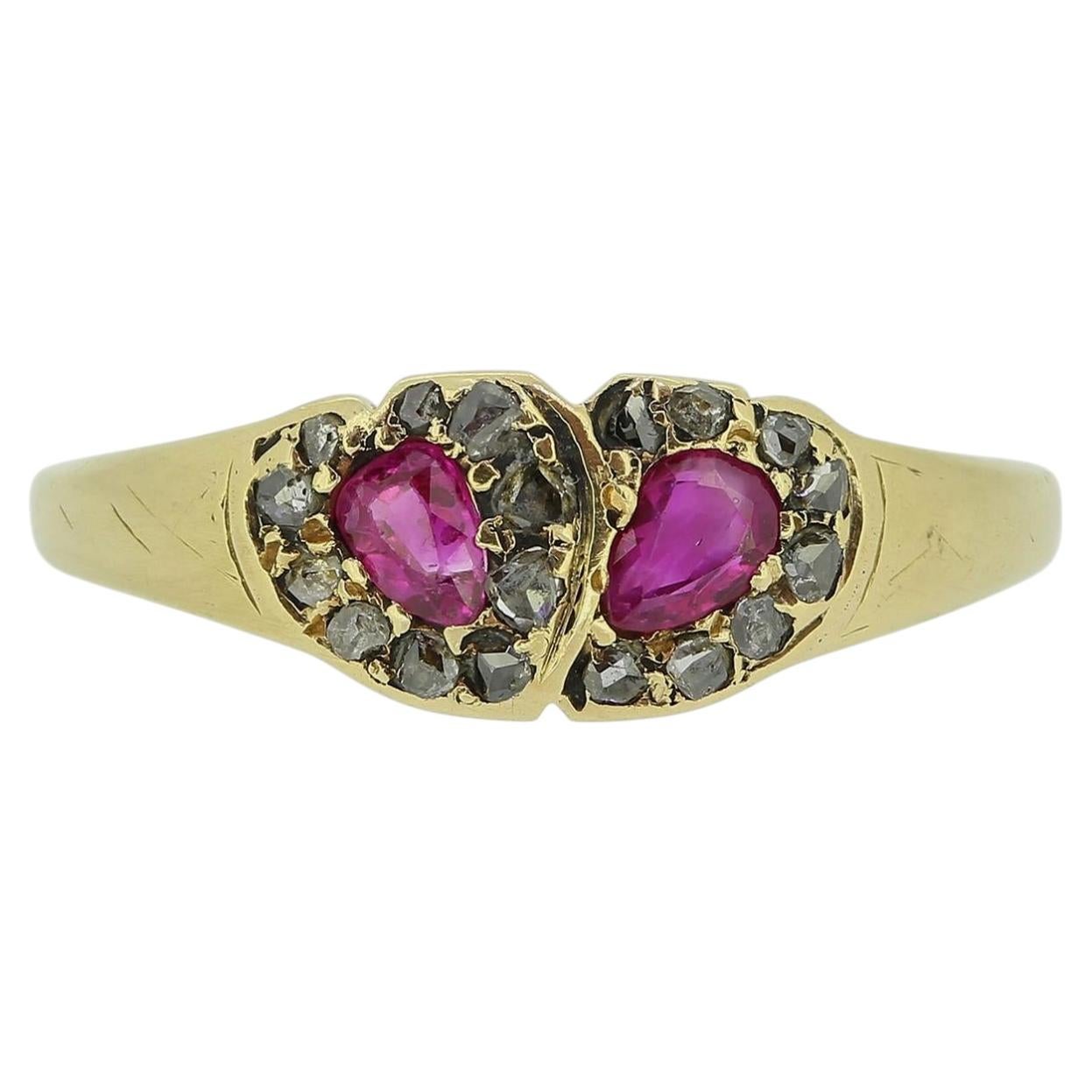 Antique Ruby and Diamond Double Heart Ring For Sale