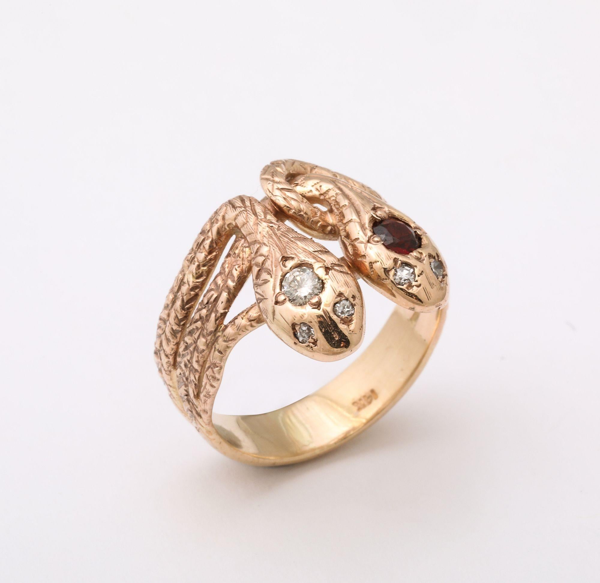 Victorian Antique Double Snake Ring With A Ruby and Diamond Head