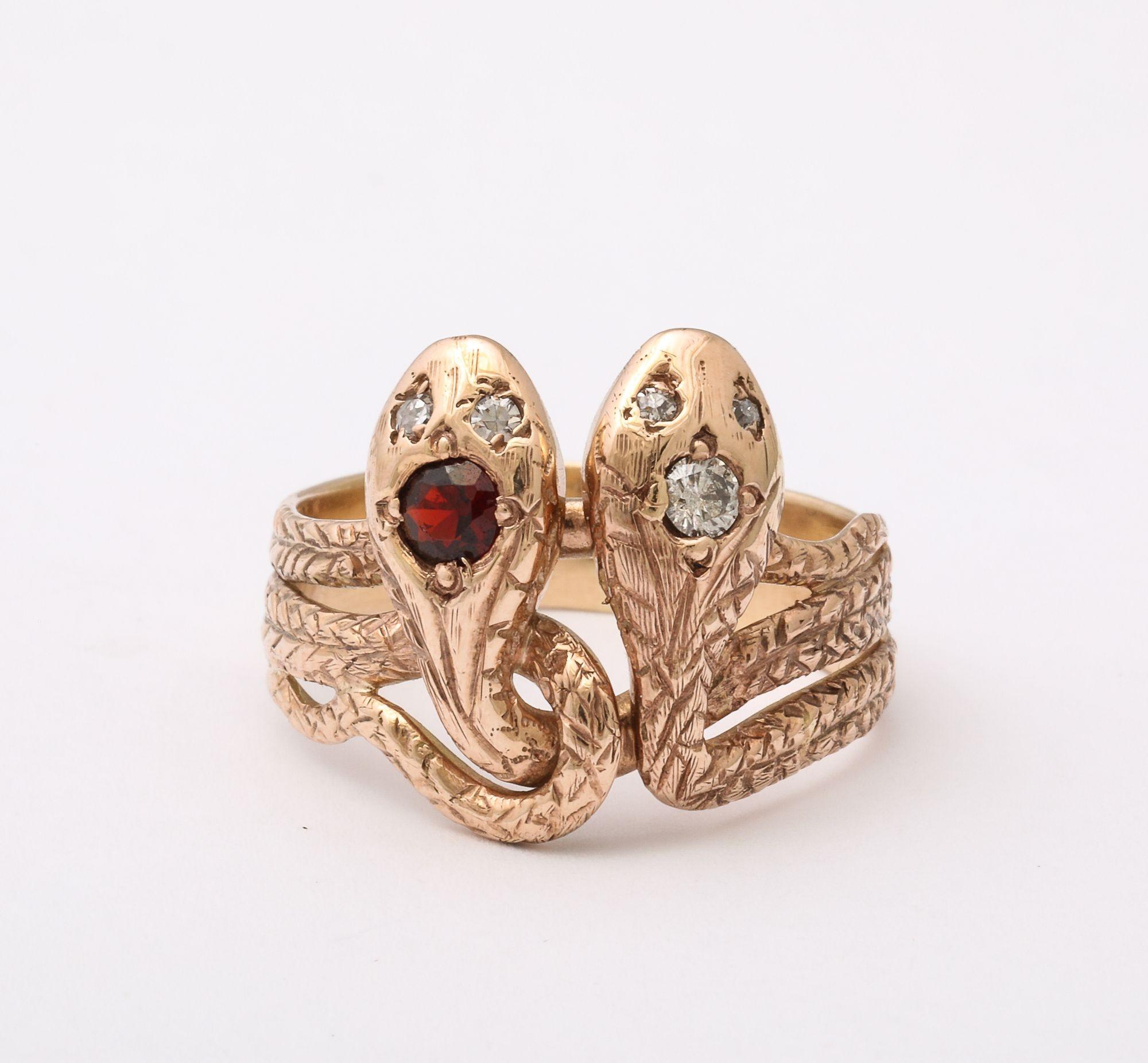 Old Mine Cut Antique Double Snake Ring With A Ruby and Diamond Head