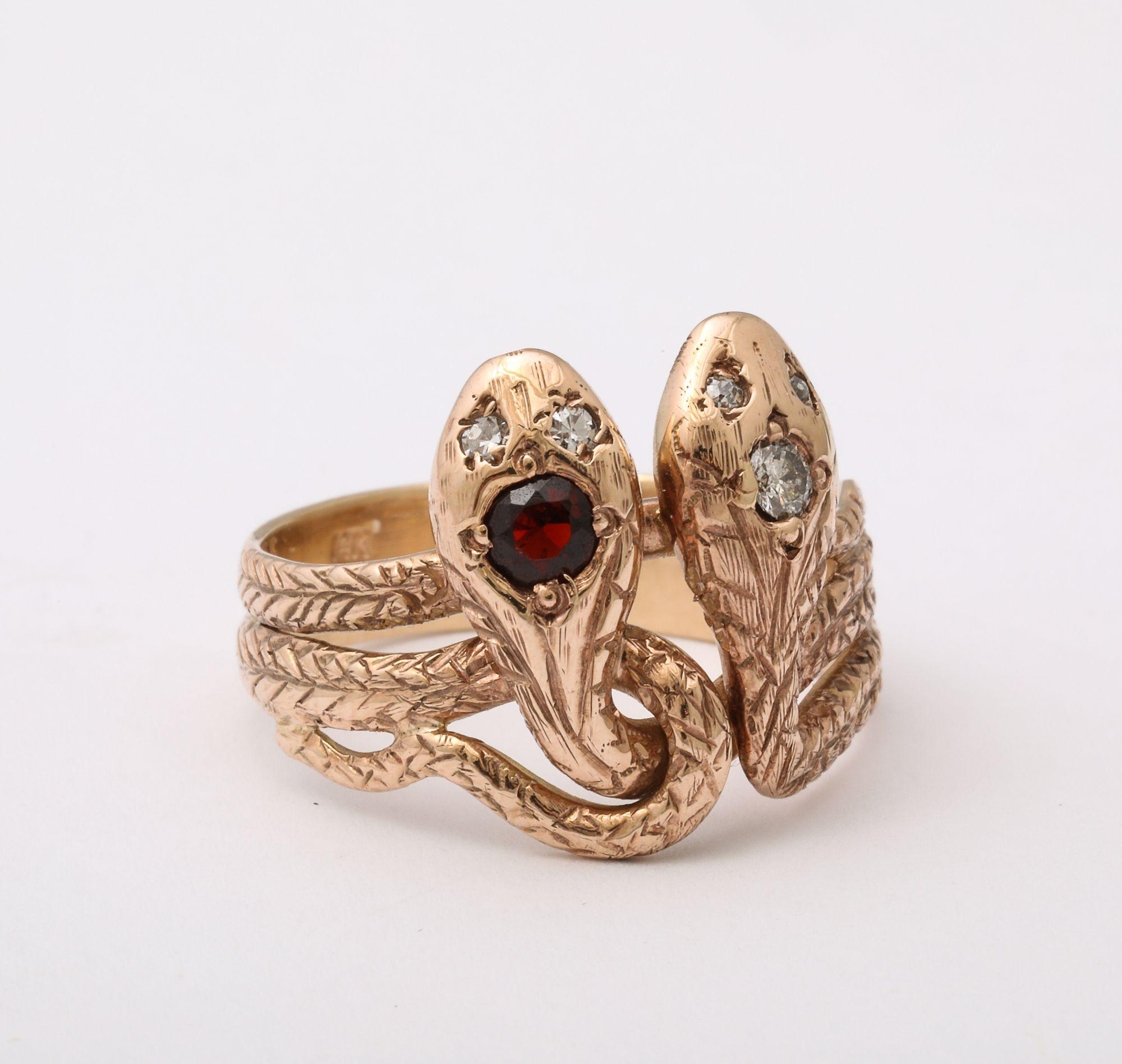 Antique Double Snake Ring With A Ruby and Diamond Head In Good Condition In New York, NY