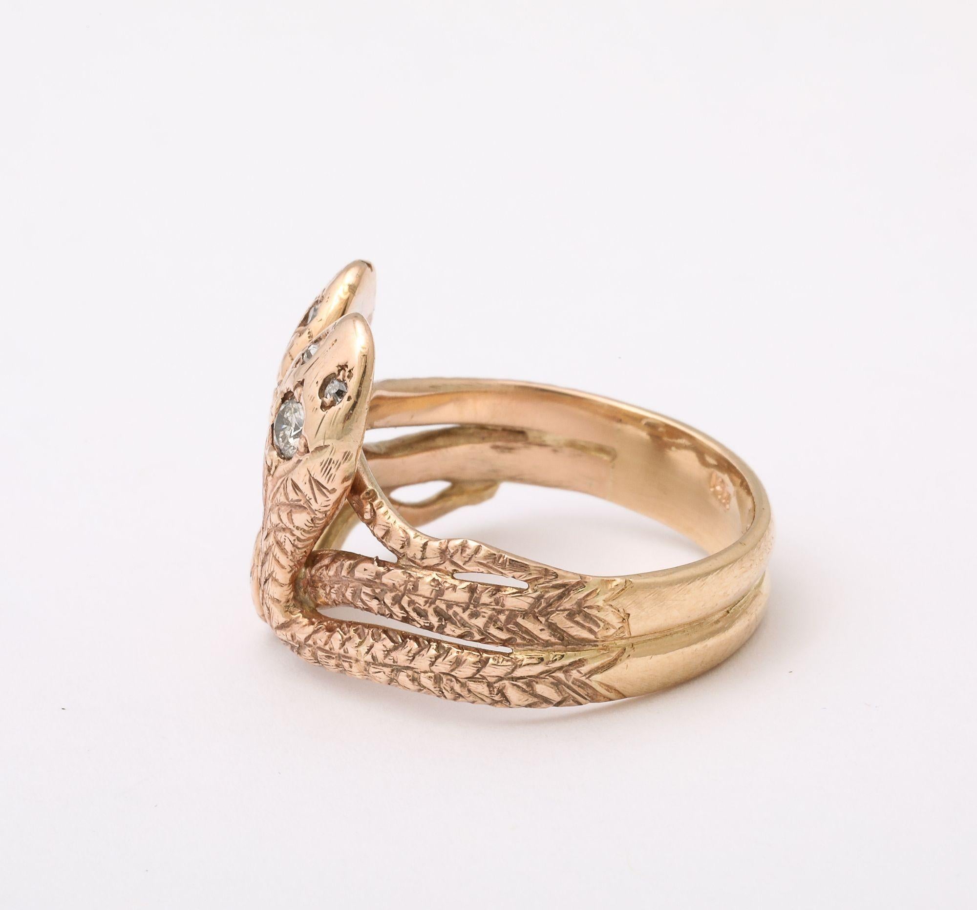 Antique Double Snake Ring With A Ruby and Diamond Head 2