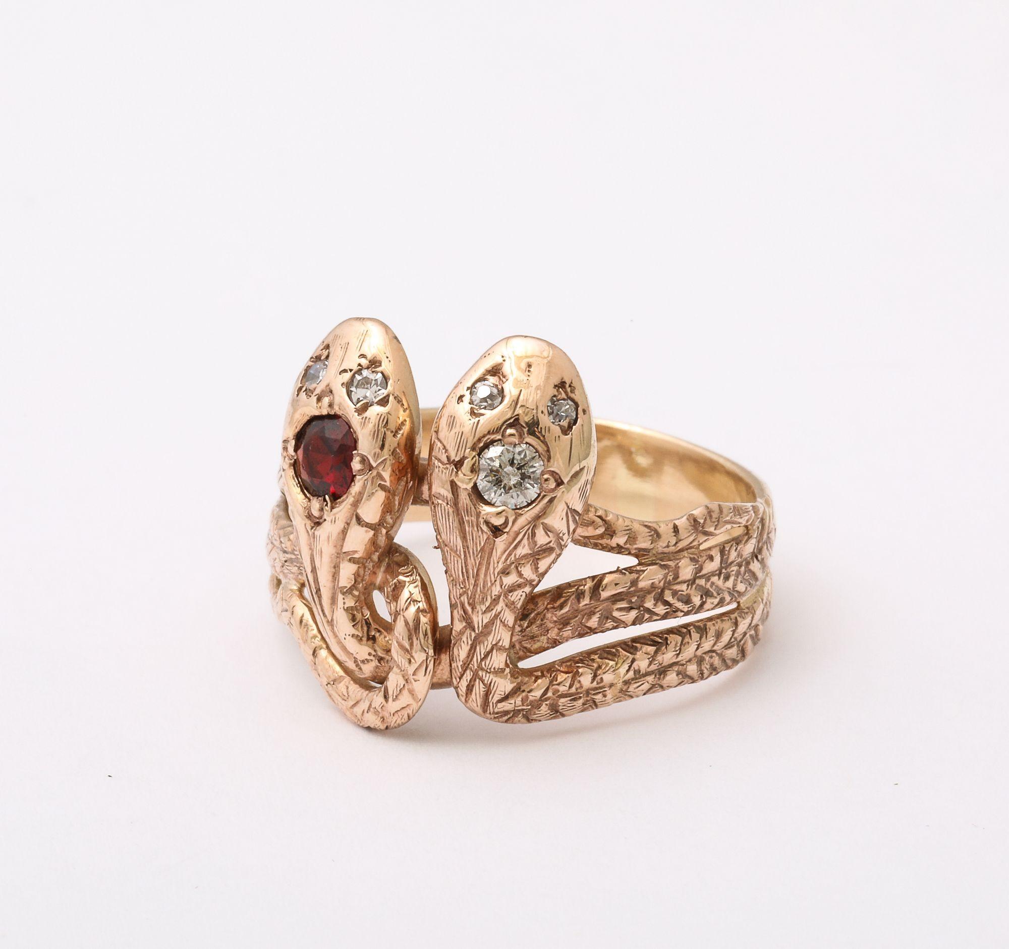 Antique Double Snake Ring With A Ruby and Diamond Head 3