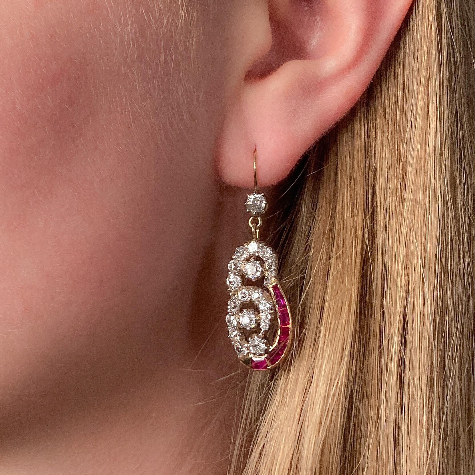 De las mujeres Pendientes Antiguos de Rubí y Diamantes de Plata Cubierta de Oro de 9 ct en venta