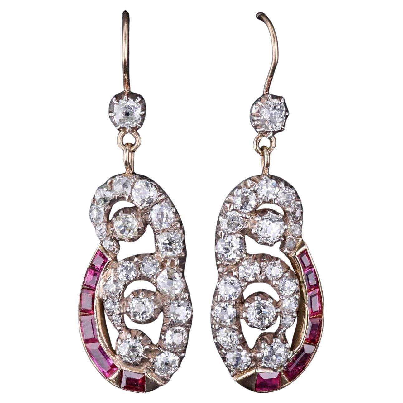 Pendientes Antiguos de Rubí y Diamantes de Plata Cubierta de Oro de 9 ct en venta