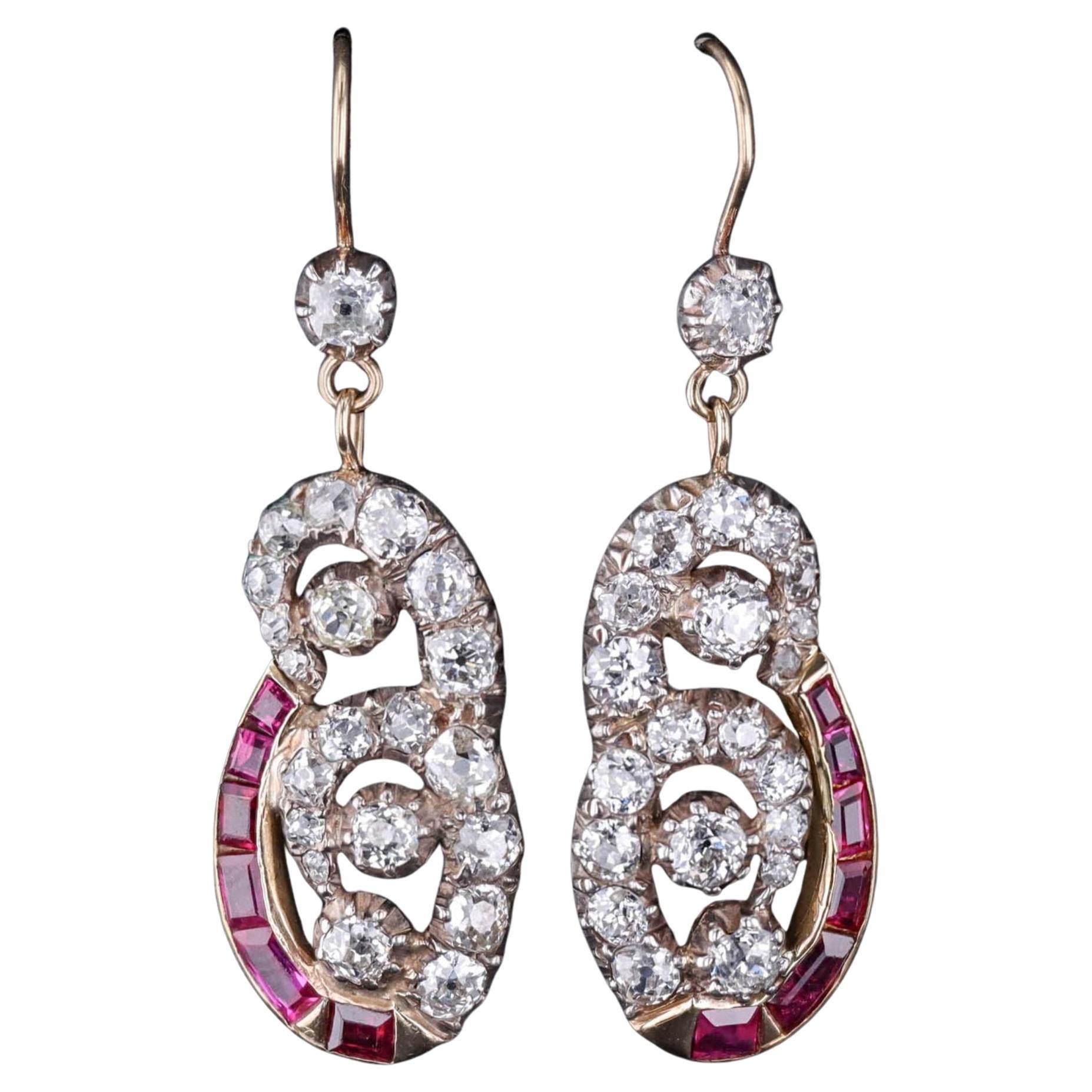Boucles d'oreilles anciennes en rubis et diamants en argent et or 9ct