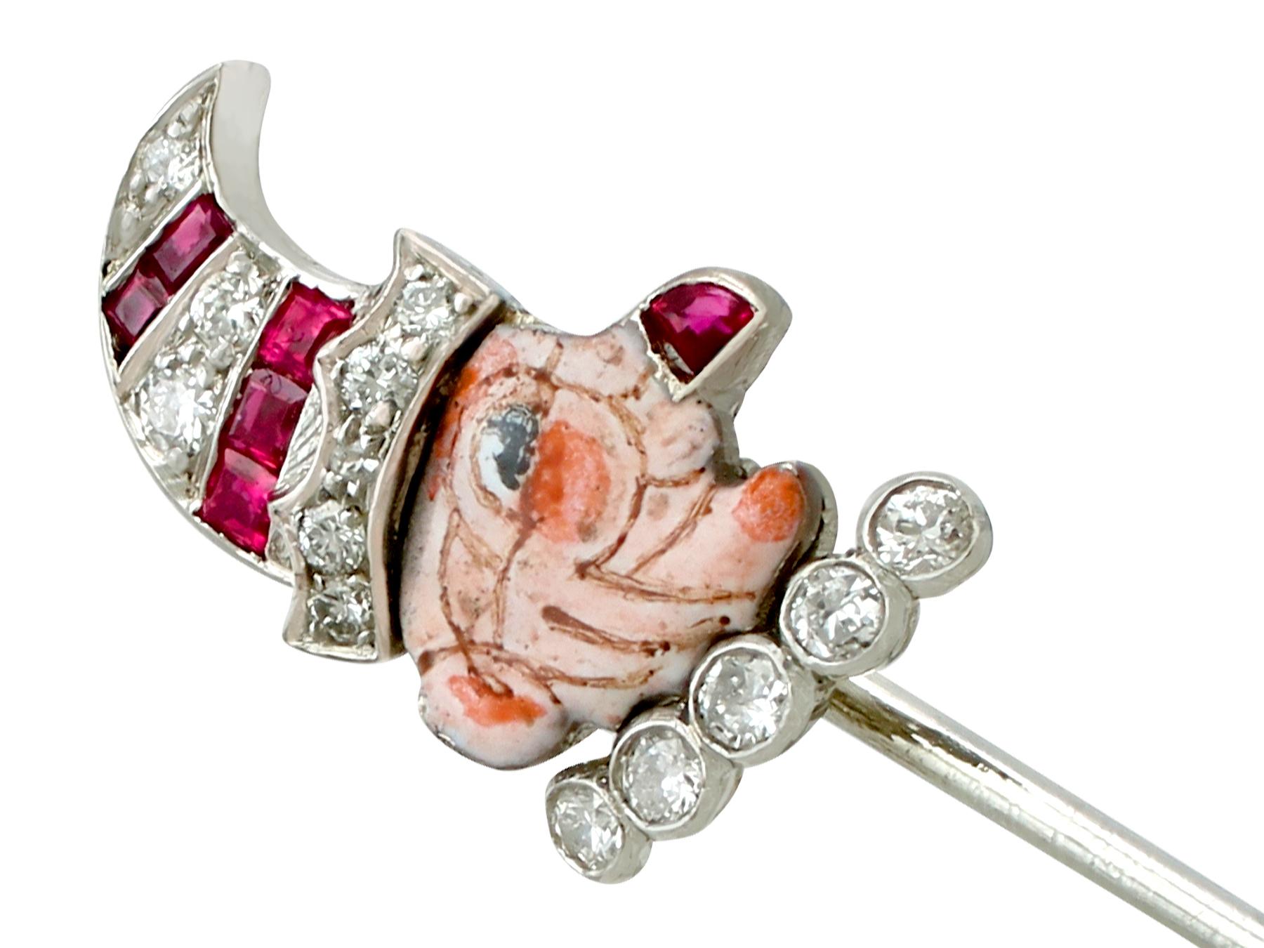 Round Cut Antique Ruby and Diamond, Enamel and White Gold Mr Punch Pin Brooch