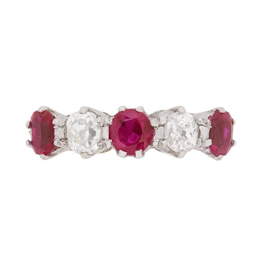 Oval Cut Antique Ruby and Diamond Five-Stone Ring, circa 1910s For Sale