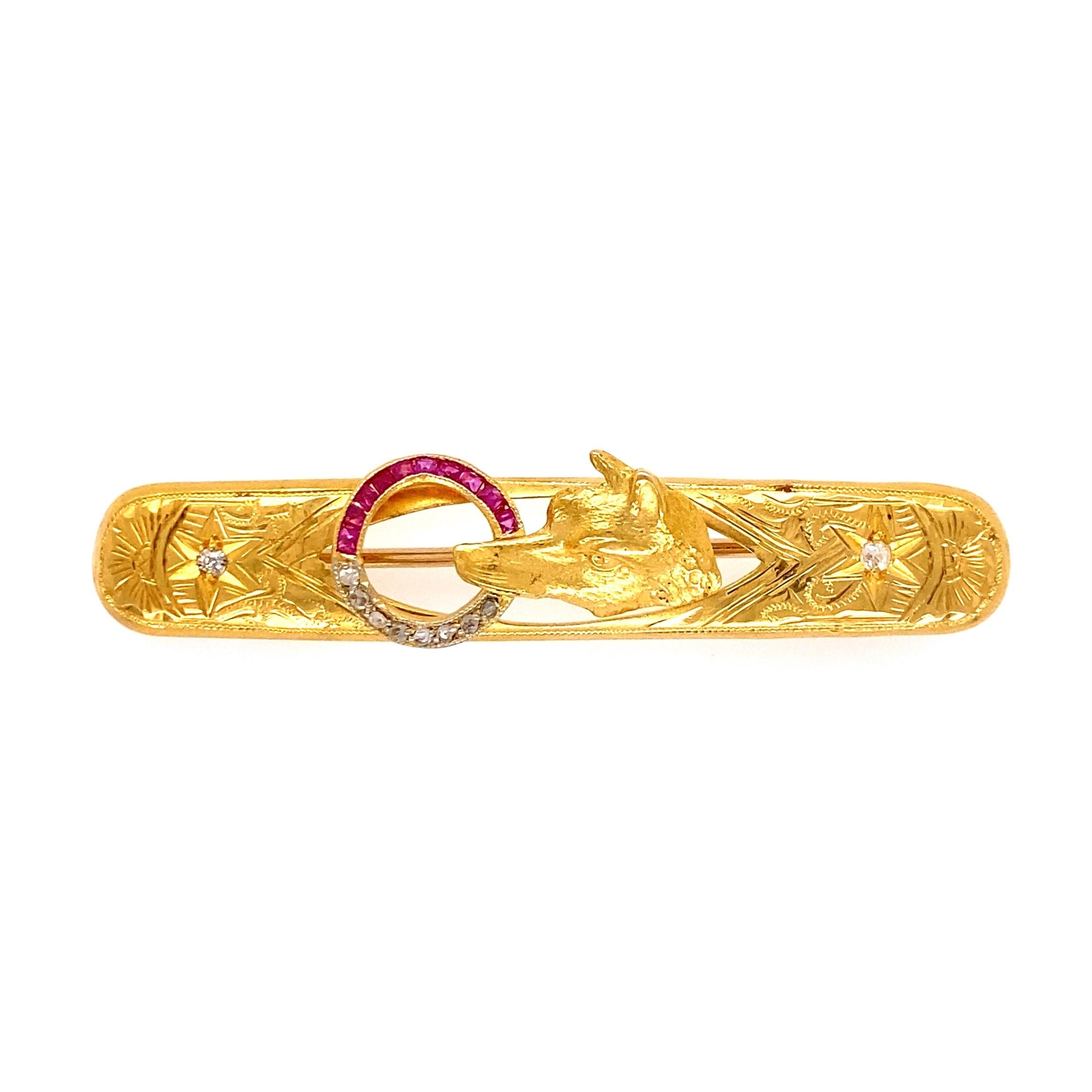 Edwardian Antique Ruby and Diamond Fox Gold Bar Brooch Pin Estate Fine Jewelry For Sale