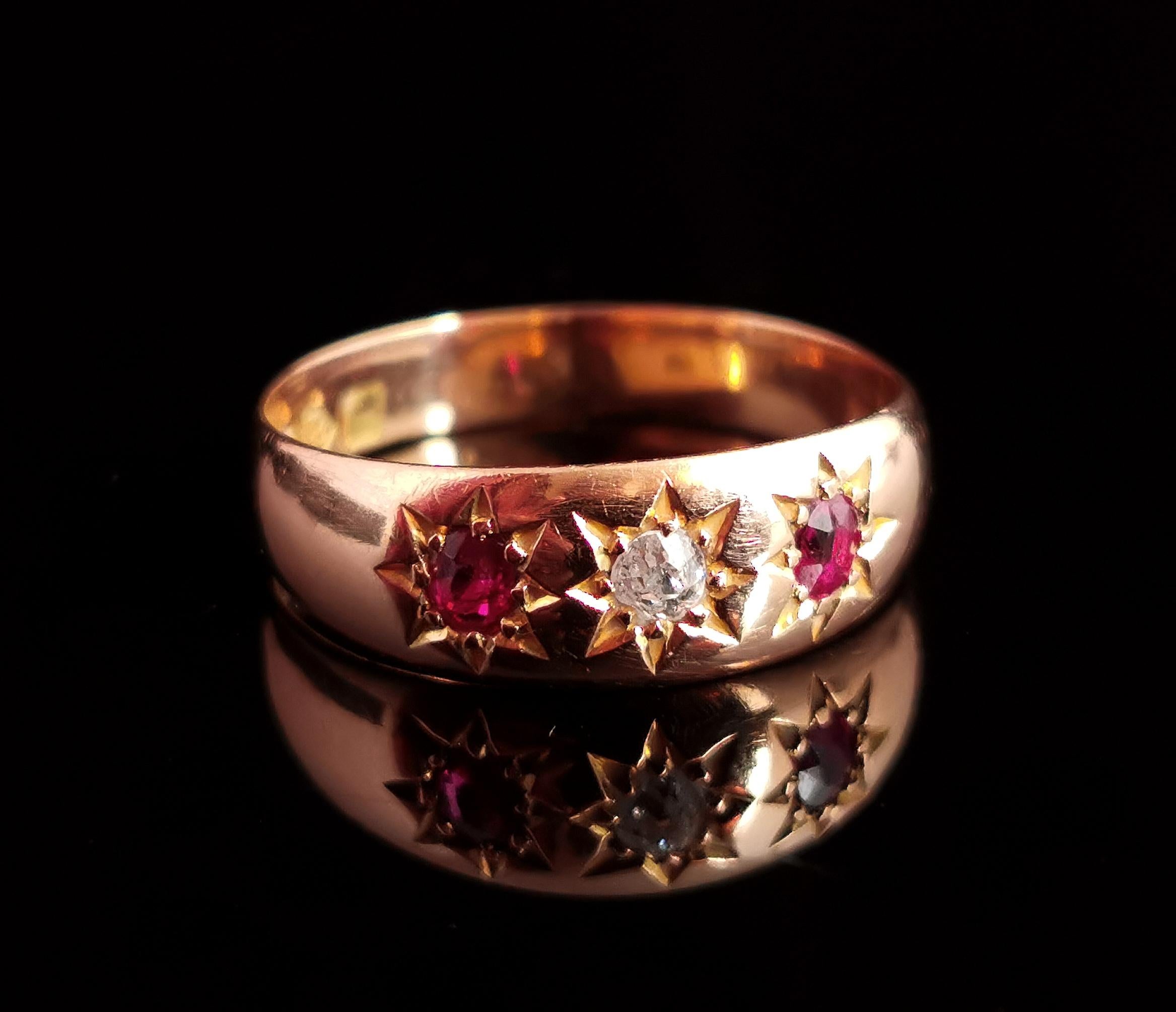 Antique Ruby and Diamond Gypsy Set Ring, 18 Karat Yellow Gold, Edwardian 5