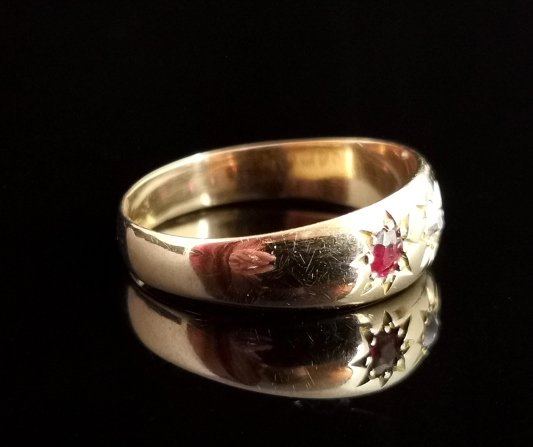 Oval Cut Antique Ruby and Diamond Gypsy Set Ring, 18 Karat Yellow Gold, Edwardian