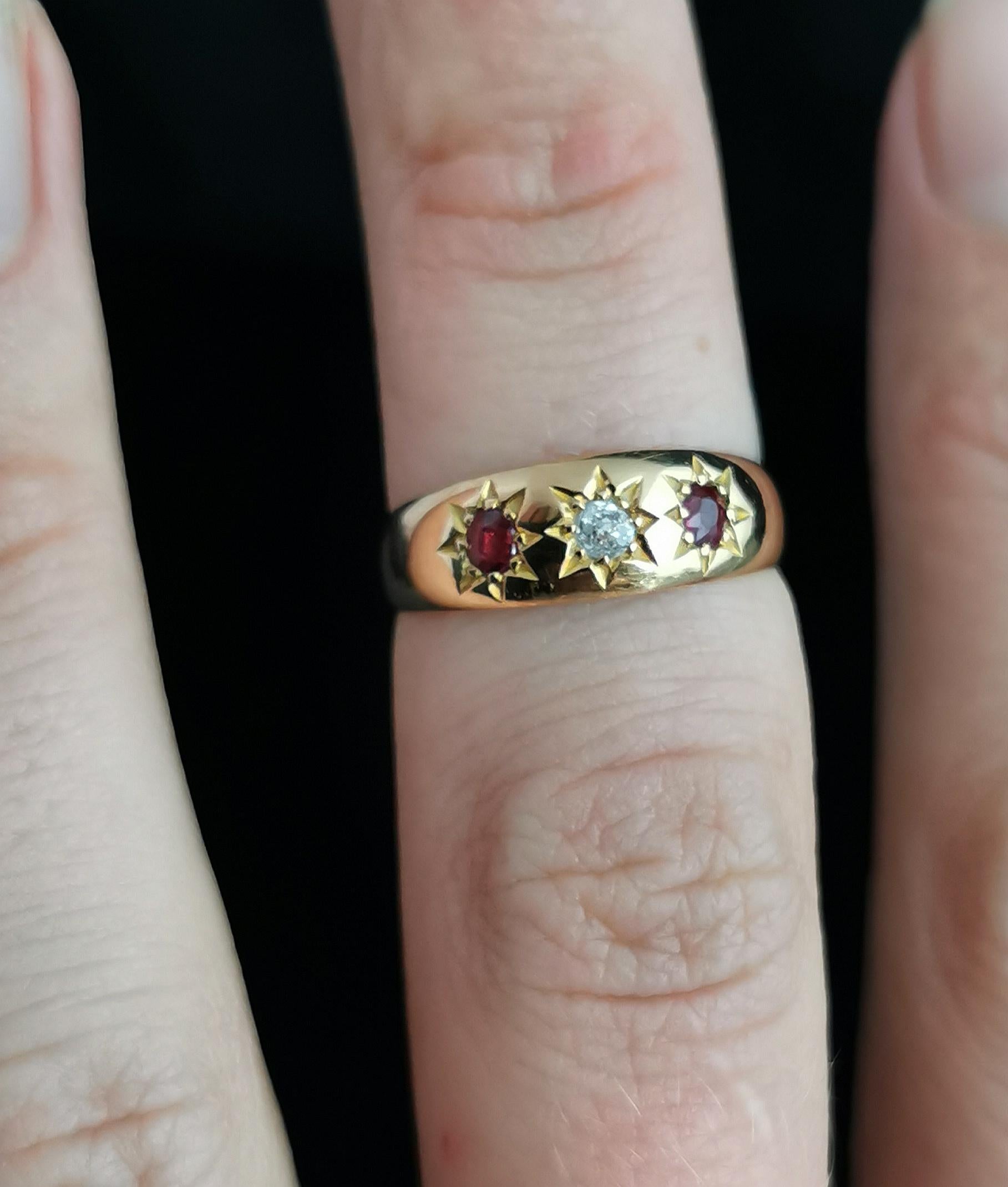 Antique Ruby and Diamond Gypsy Set Ring, 18 Karat Yellow Gold, Edwardian 2