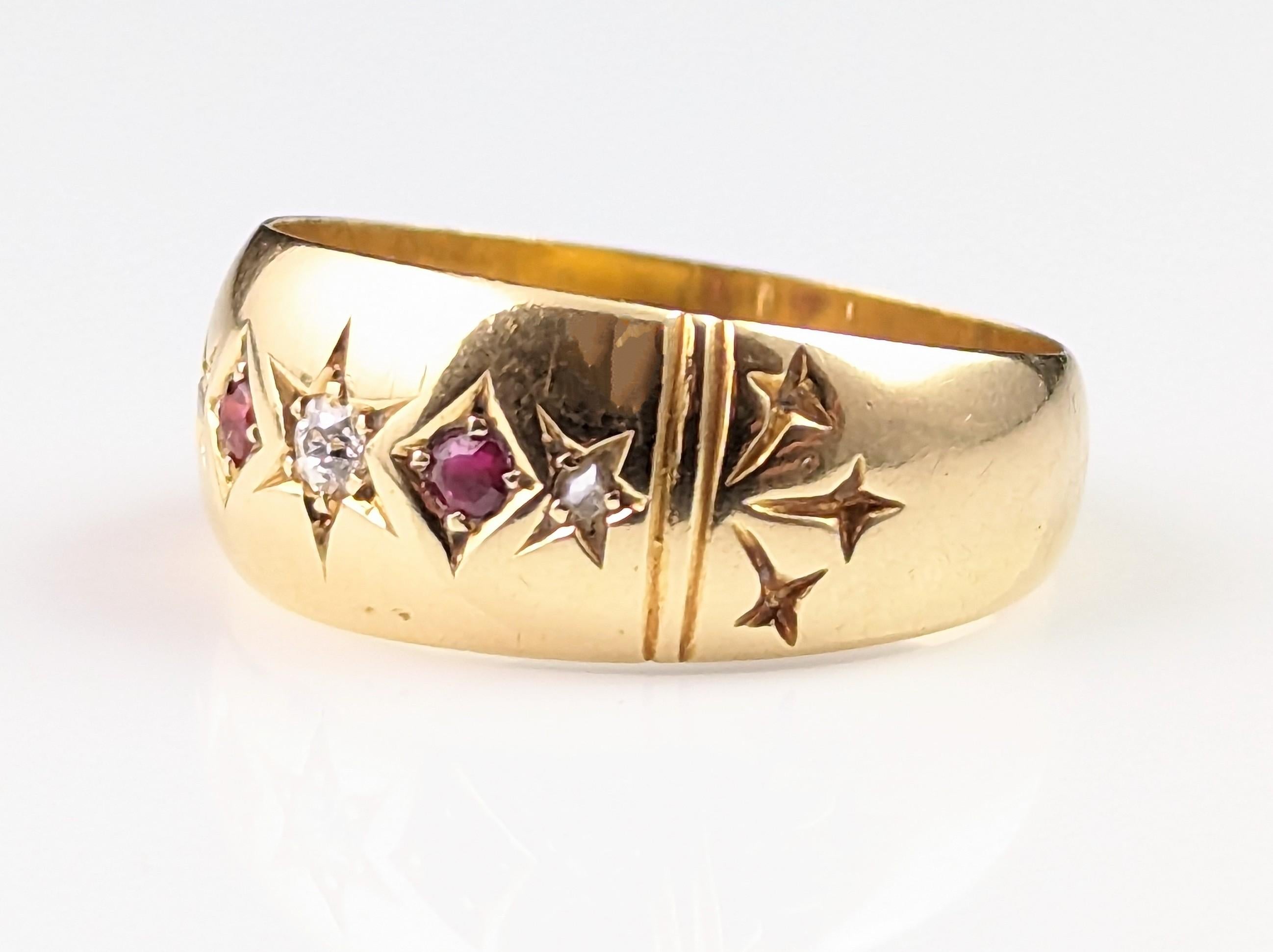 Antique Ruby and Diamond gypsy set ring, 18k gold, Stars, Edwardian  5