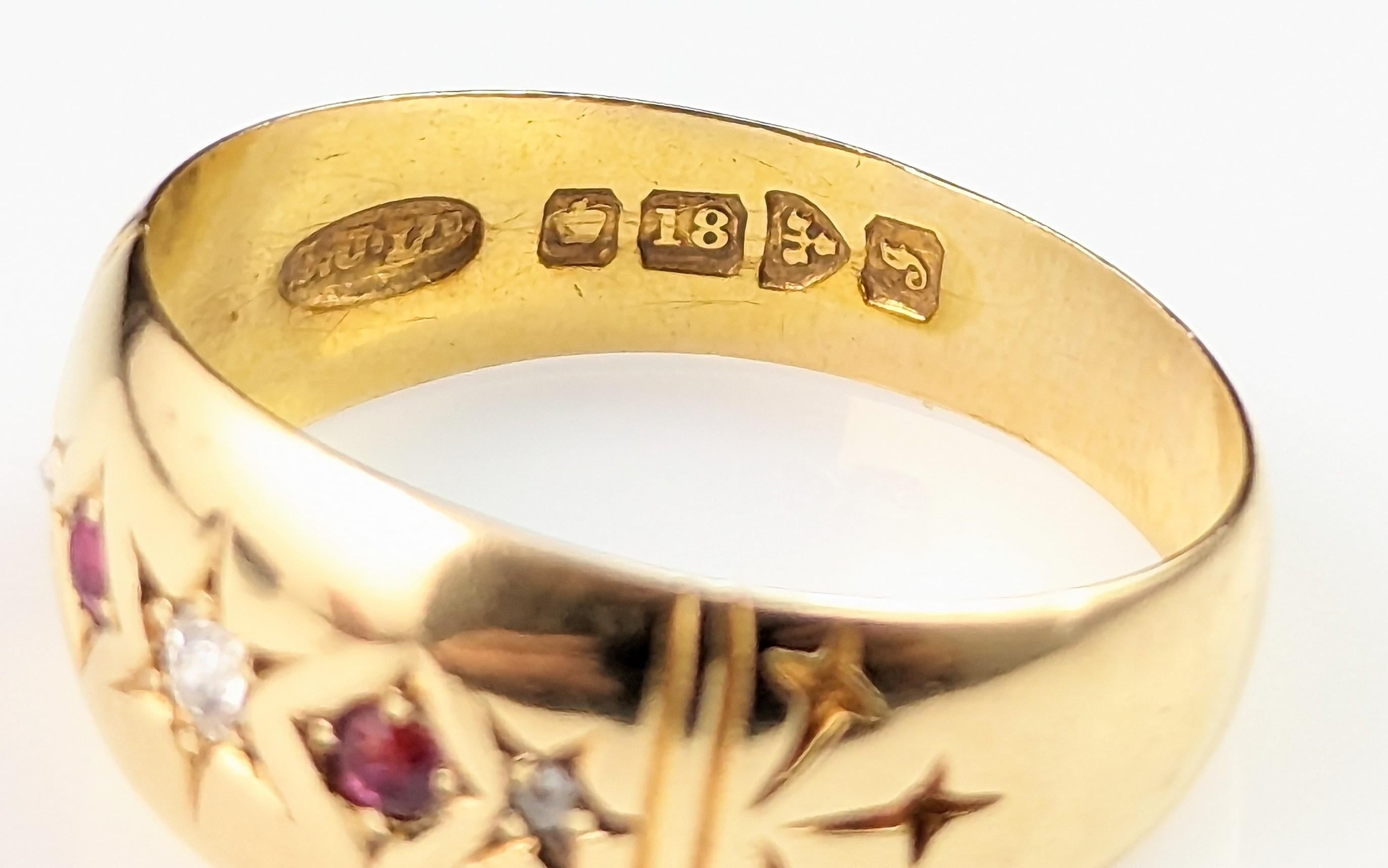 Antique Ruby and Diamond gypsy set ring, 18k gold, Stars, Edwardian  6