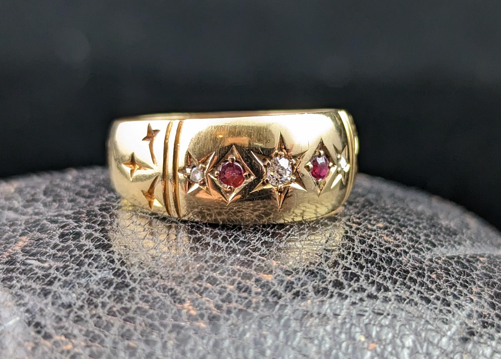 I can't say enough about this stunning antique, late Edwardian era Ruby and Diamond ring in 18k yellow gold.

One of our favourite styles here at StolenAttic and a firm customer favourite.

This beautiful ring is a five stone, Gypsy set ring with a