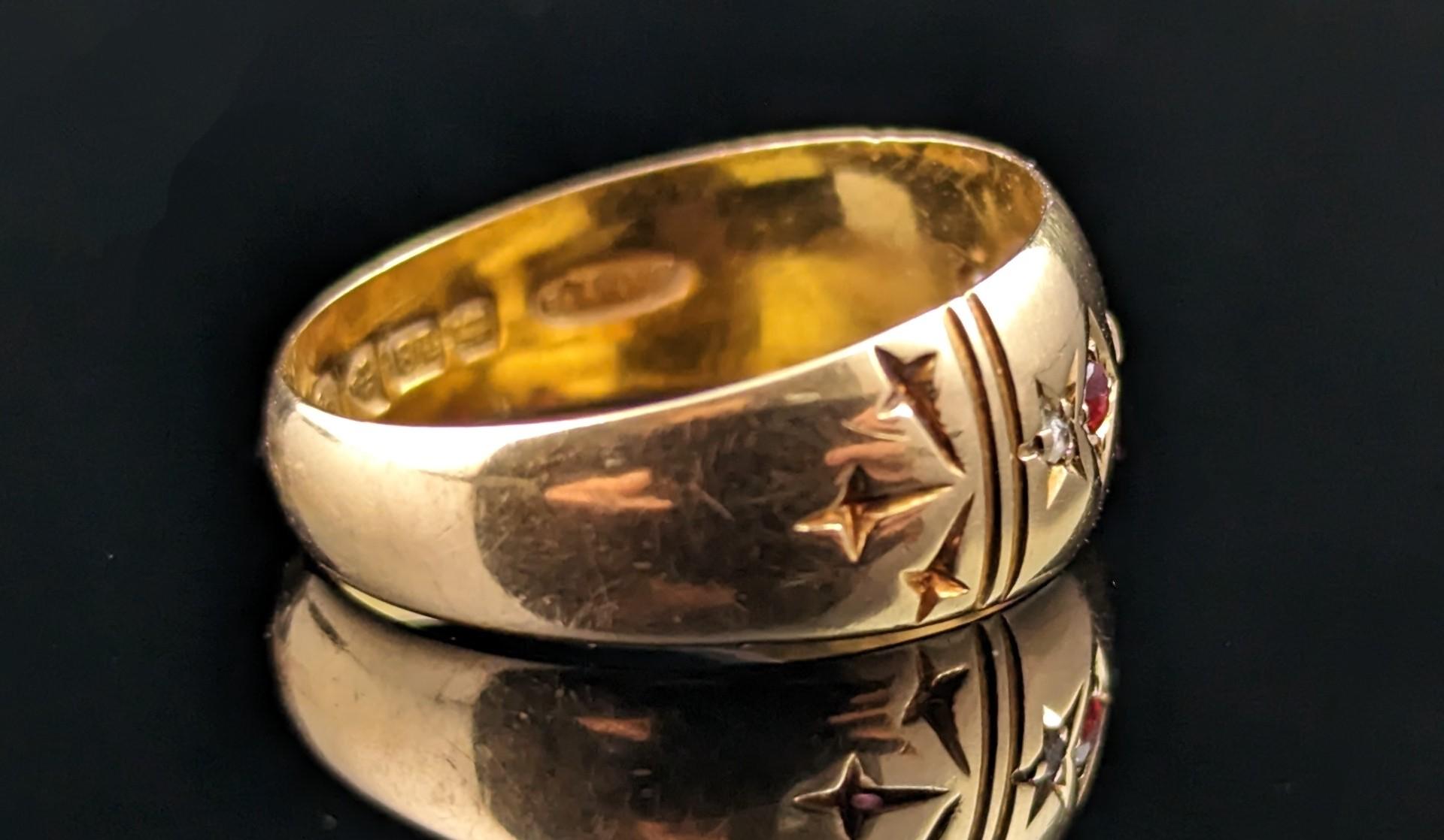 Round Cut Antique Ruby and Diamond gypsy set ring, 18k gold, Stars, Edwardian 