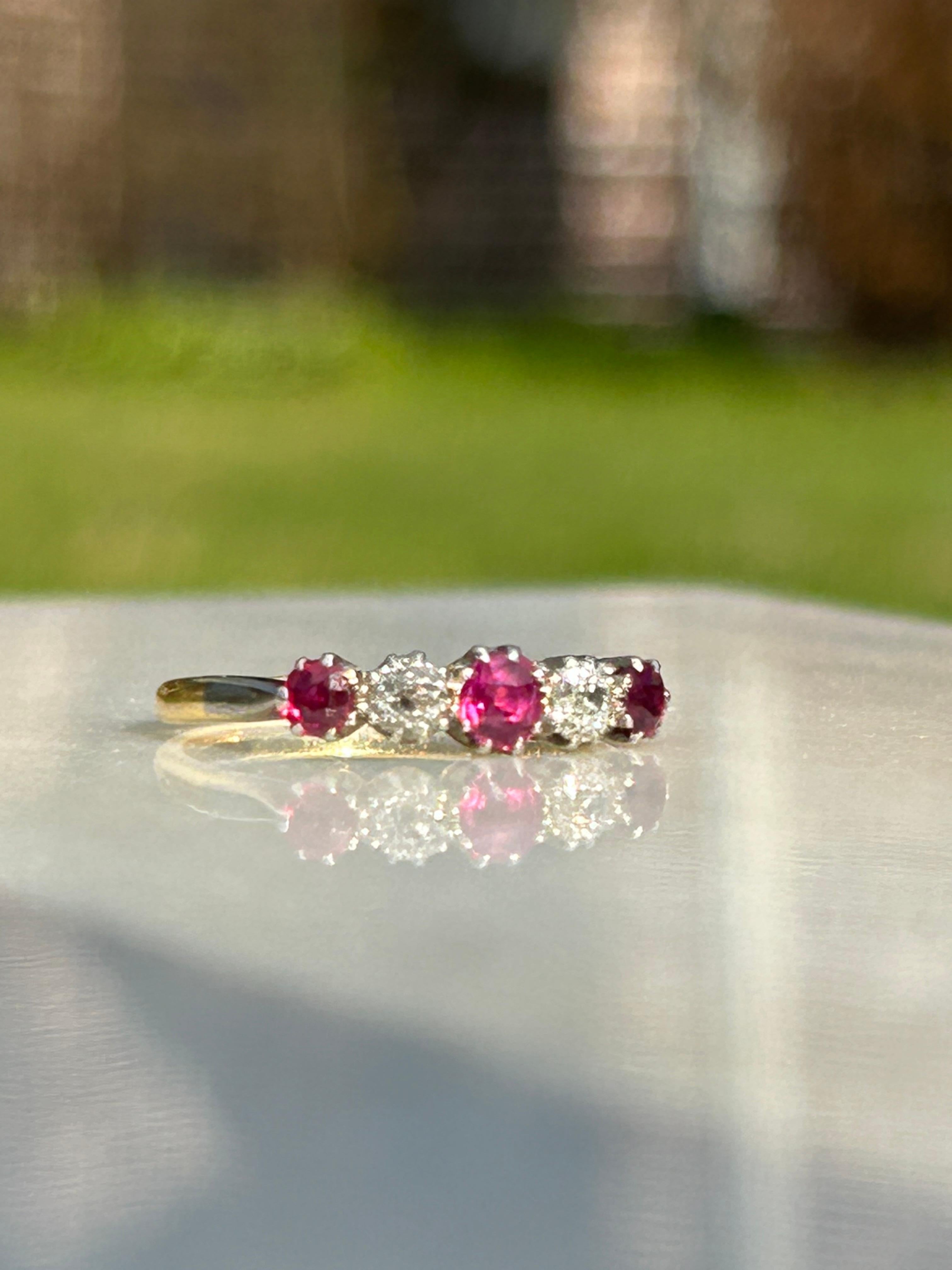 Antique Ruby and Diamond Half Hoop Five Stone 18k and Platinum Ring 1.1ctw For Sale 1