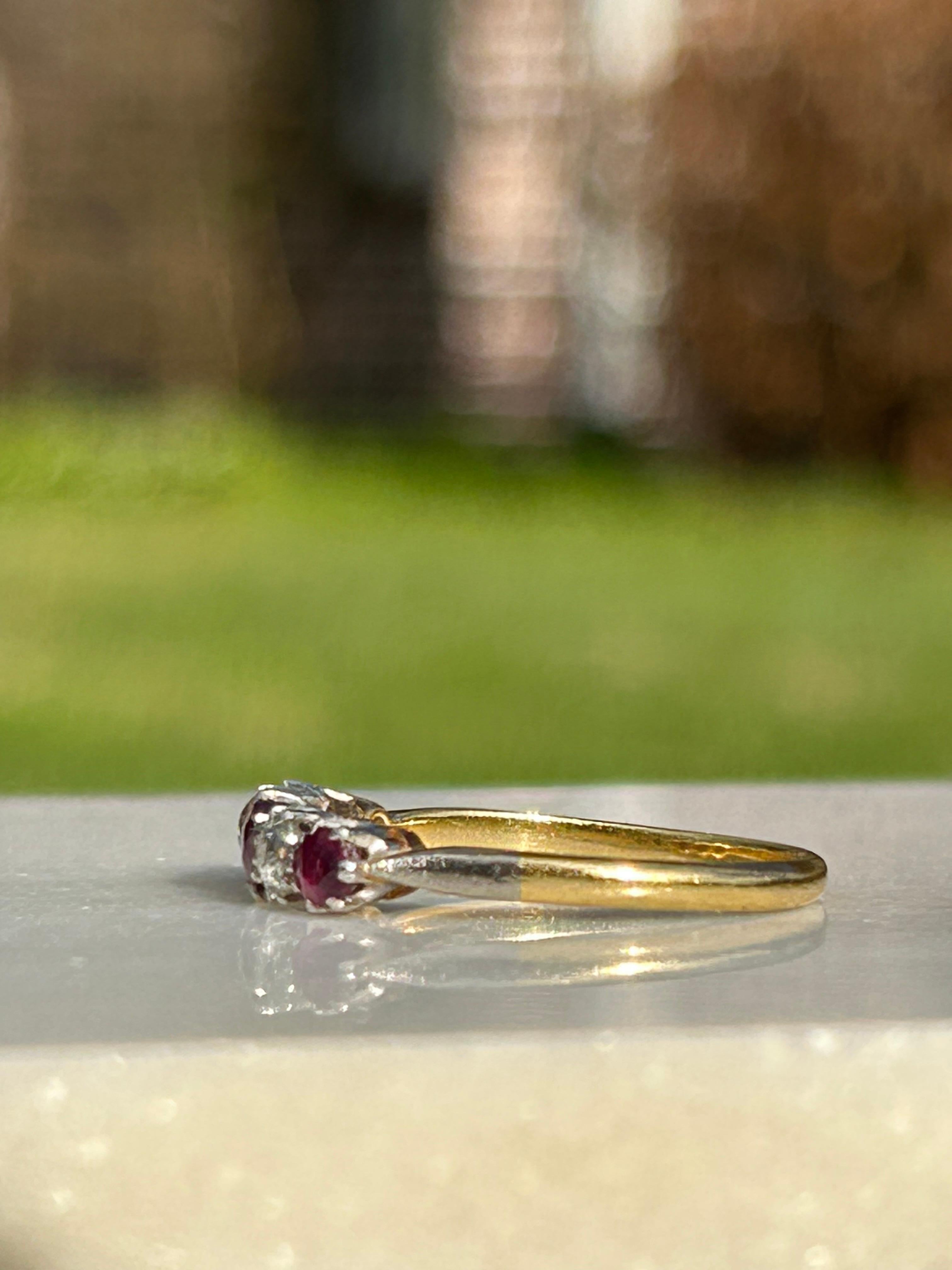Antique Ruby and Diamond Half Hoop Five Stone 18k and Platinum Ring 1.1ctw For Sale 2