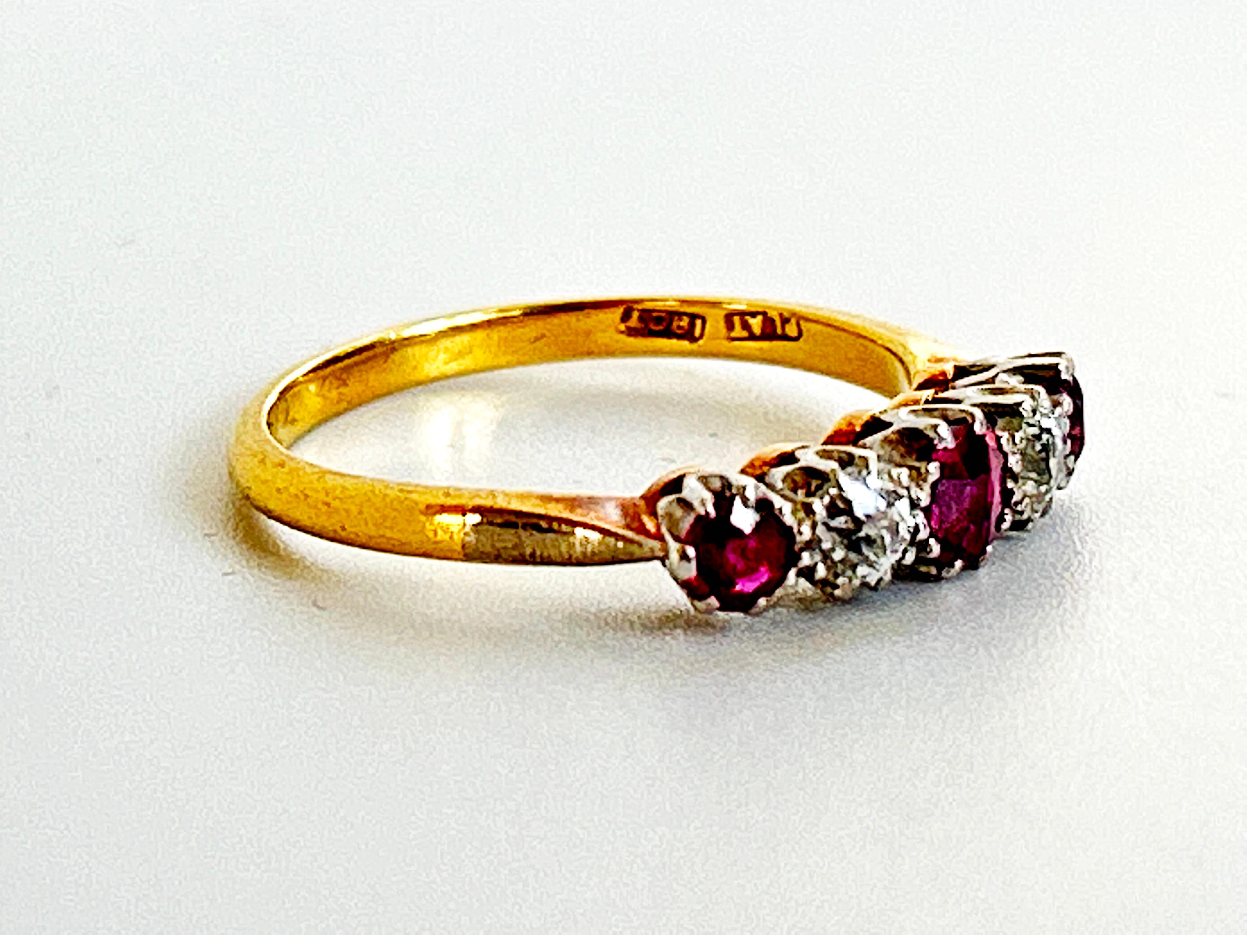 Edwardian Antique Ruby and Diamond Half Hoop Five Stone 18k and Platinum Ring 1.1ctw For Sale