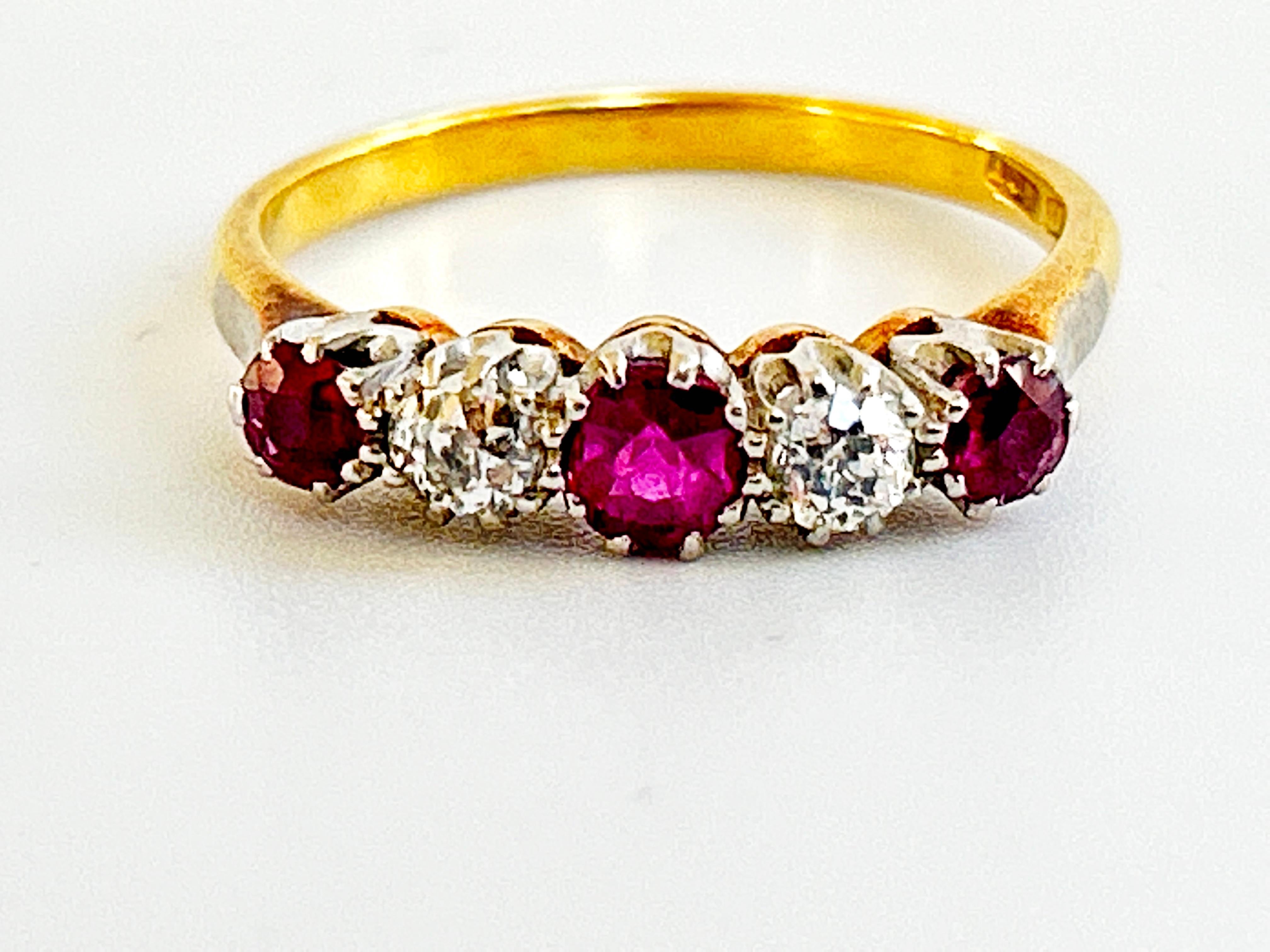 Old European Cut Antique Ruby and Diamond Half Hoop Five Stone 18k and Platinum Ring 1.1ctw For Sale