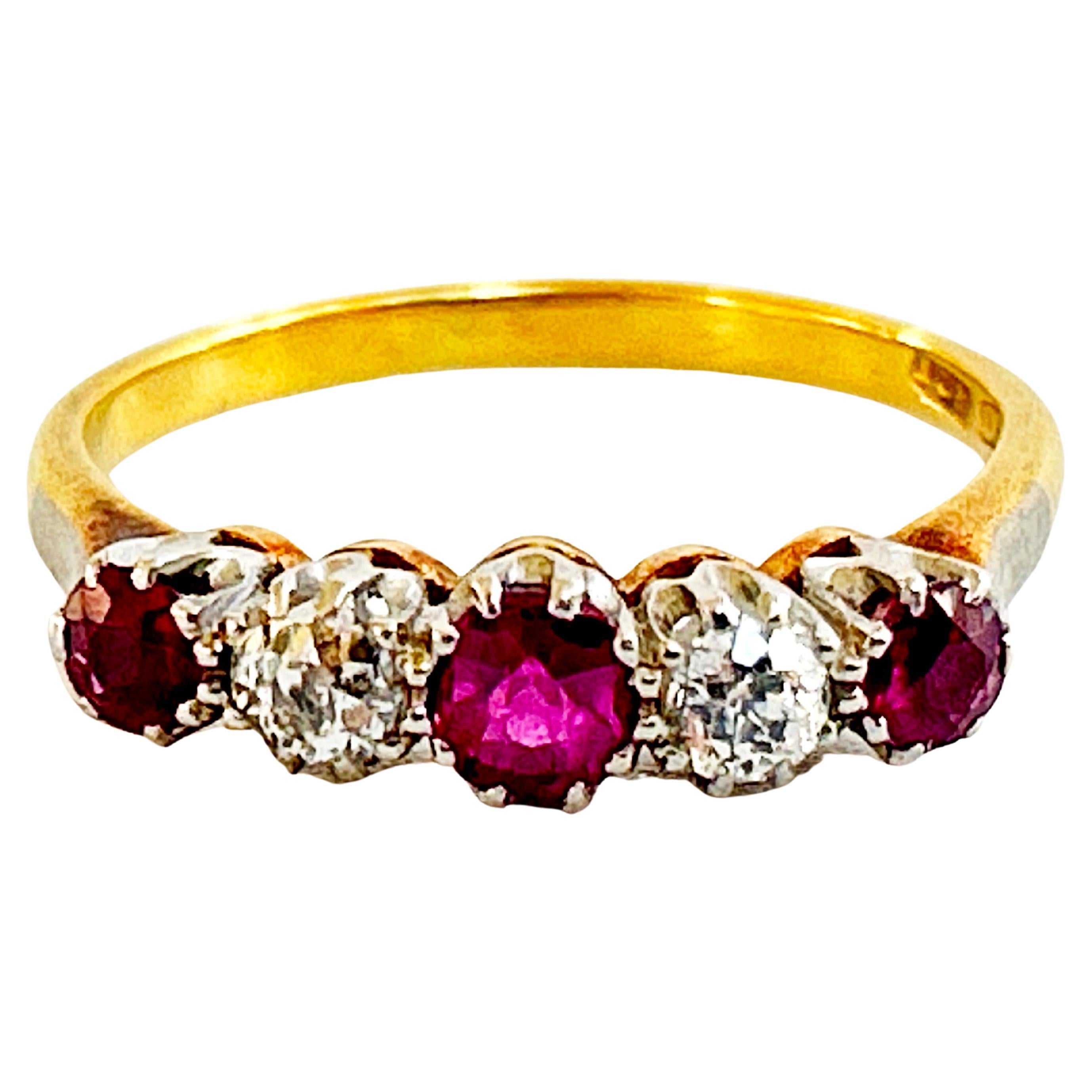 Antique Ruby and Diamond Half Hoop Five Stone 18k and Platinum Ring 1.1ctw For Sale