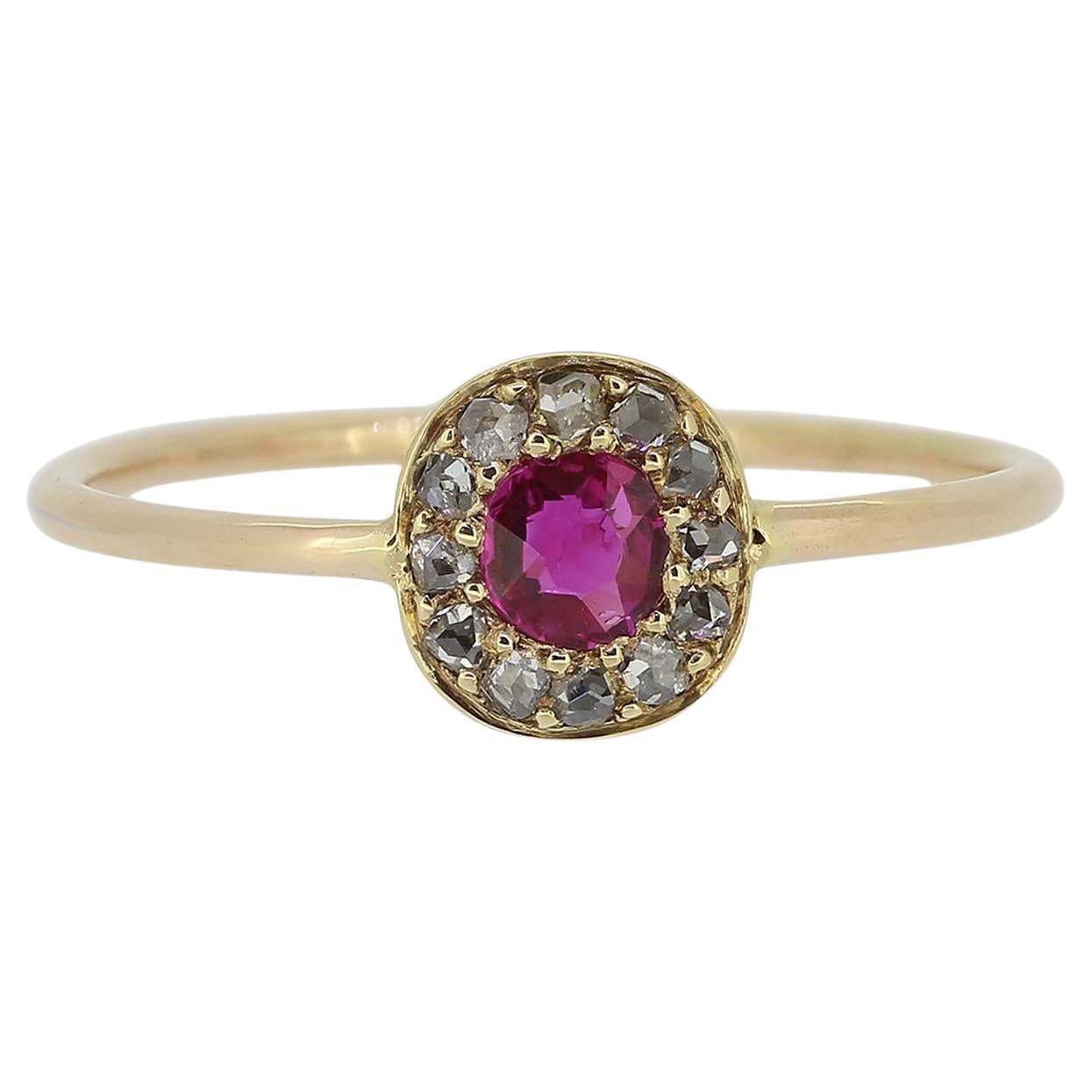 Antique Ruby and Diamond Halo Ring For Sale