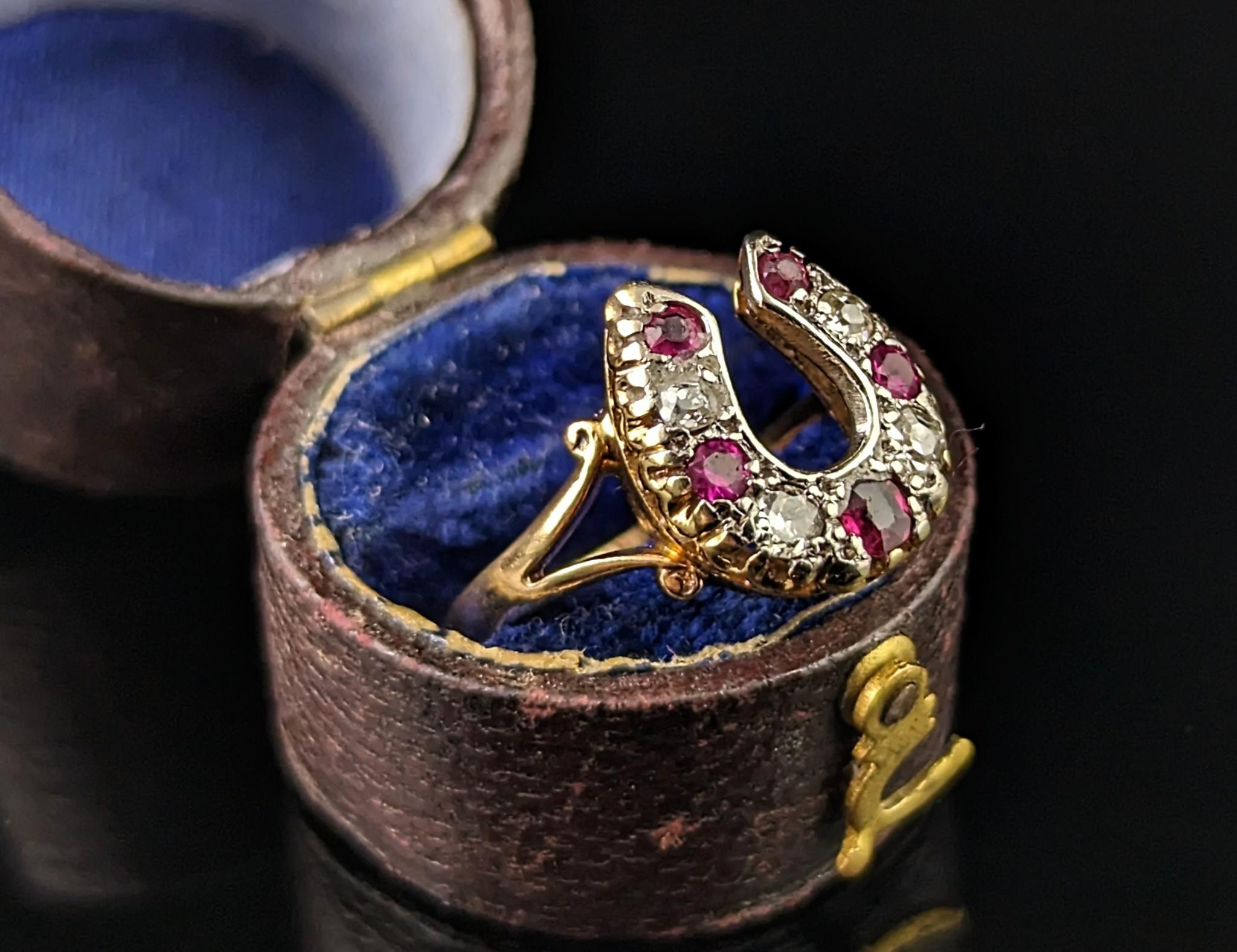 Edwardian Antique Ruby and Diamond horseshoe ring, 18k yellow gold  For Sale