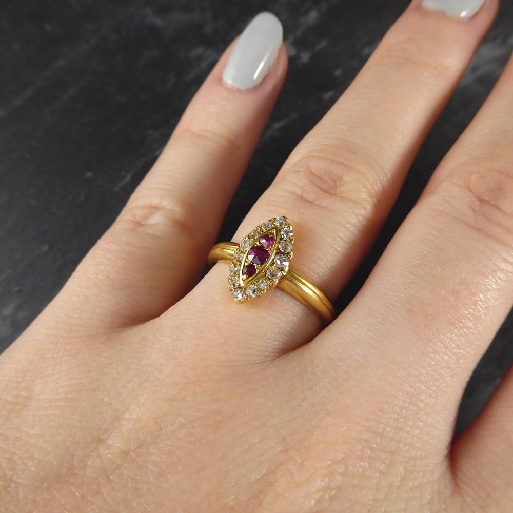 Antique Ruby and Diamond Marquise Ring Set in 18 Carat Gold 5