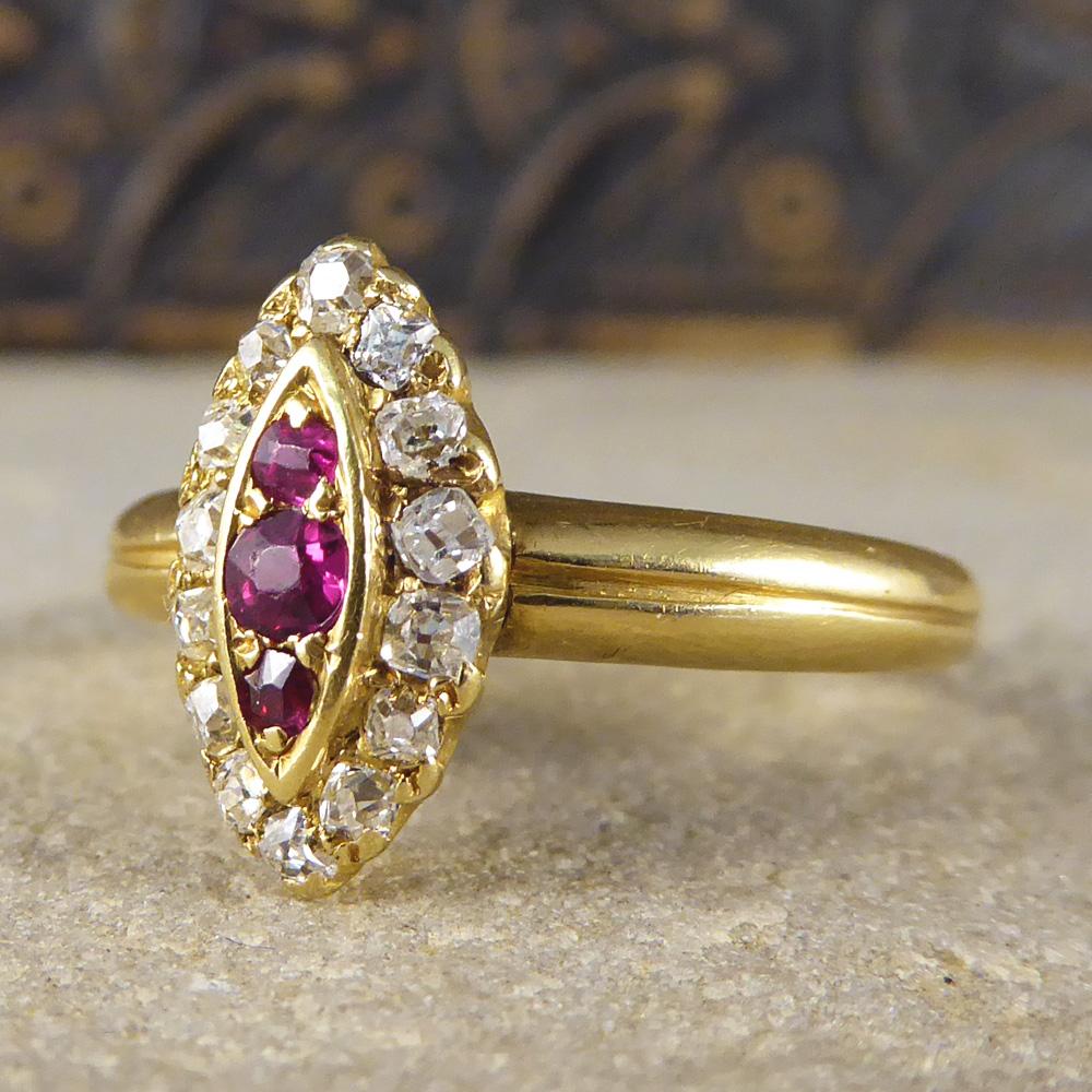 Women's Antique Ruby and Diamond Marquise Ring Set in 18 Carat Gold