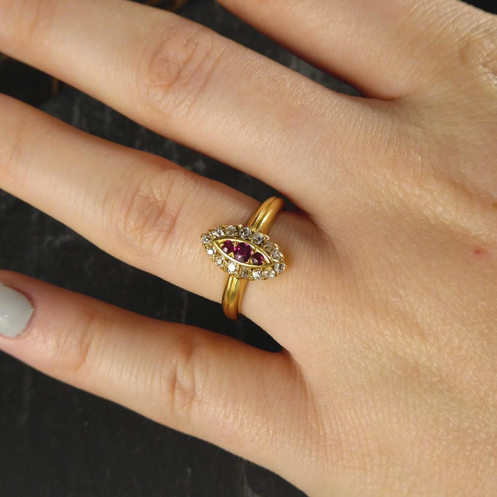 Antique Ruby and Diamond Marquise Ring Set in 18 Carat Gold 2