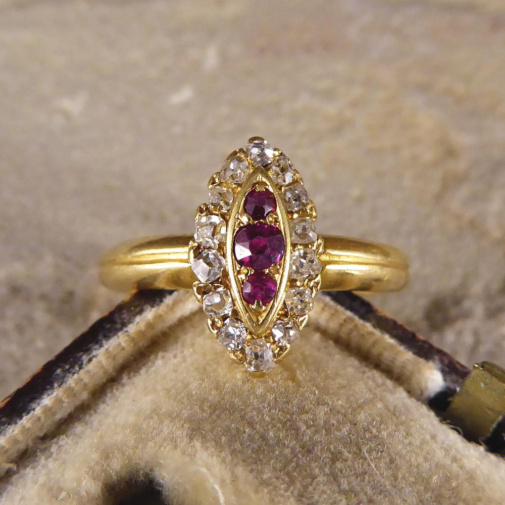 Antique Ruby and Diamond Marquise Ring Set in 18 Carat Gold 3