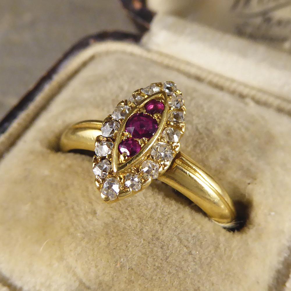 Antique Ruby and Diamond Marquise Ring Set in 18 Carat Gold 4