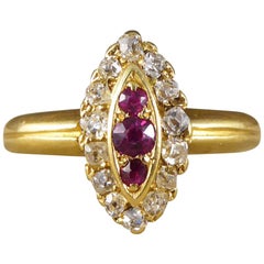 Antique Ruby and Diamond Marquise Ring Set in 18 Carat Gold