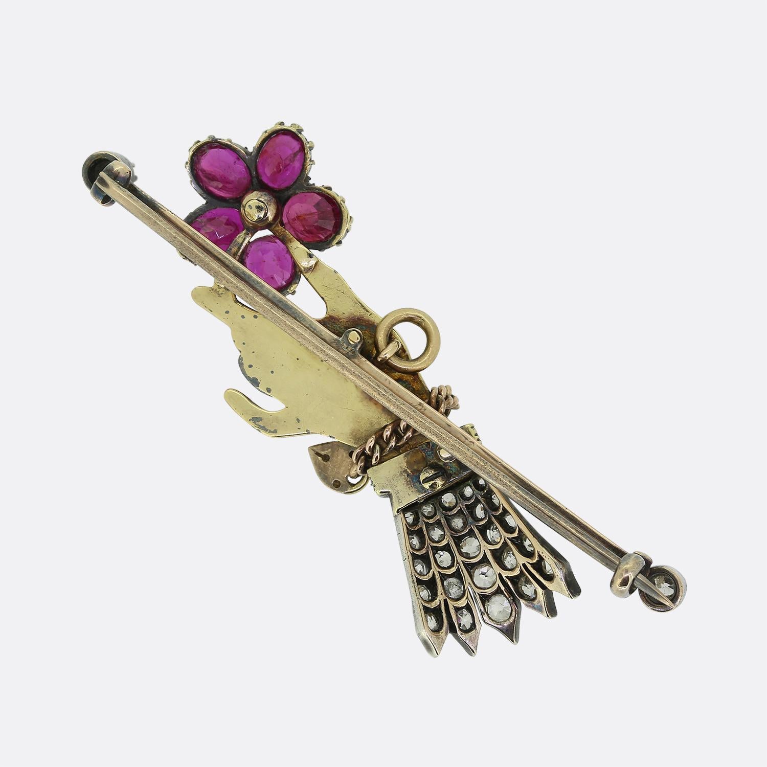 Victorian Antique Ruby and Diamond Mourning Hand Brooch For Sale